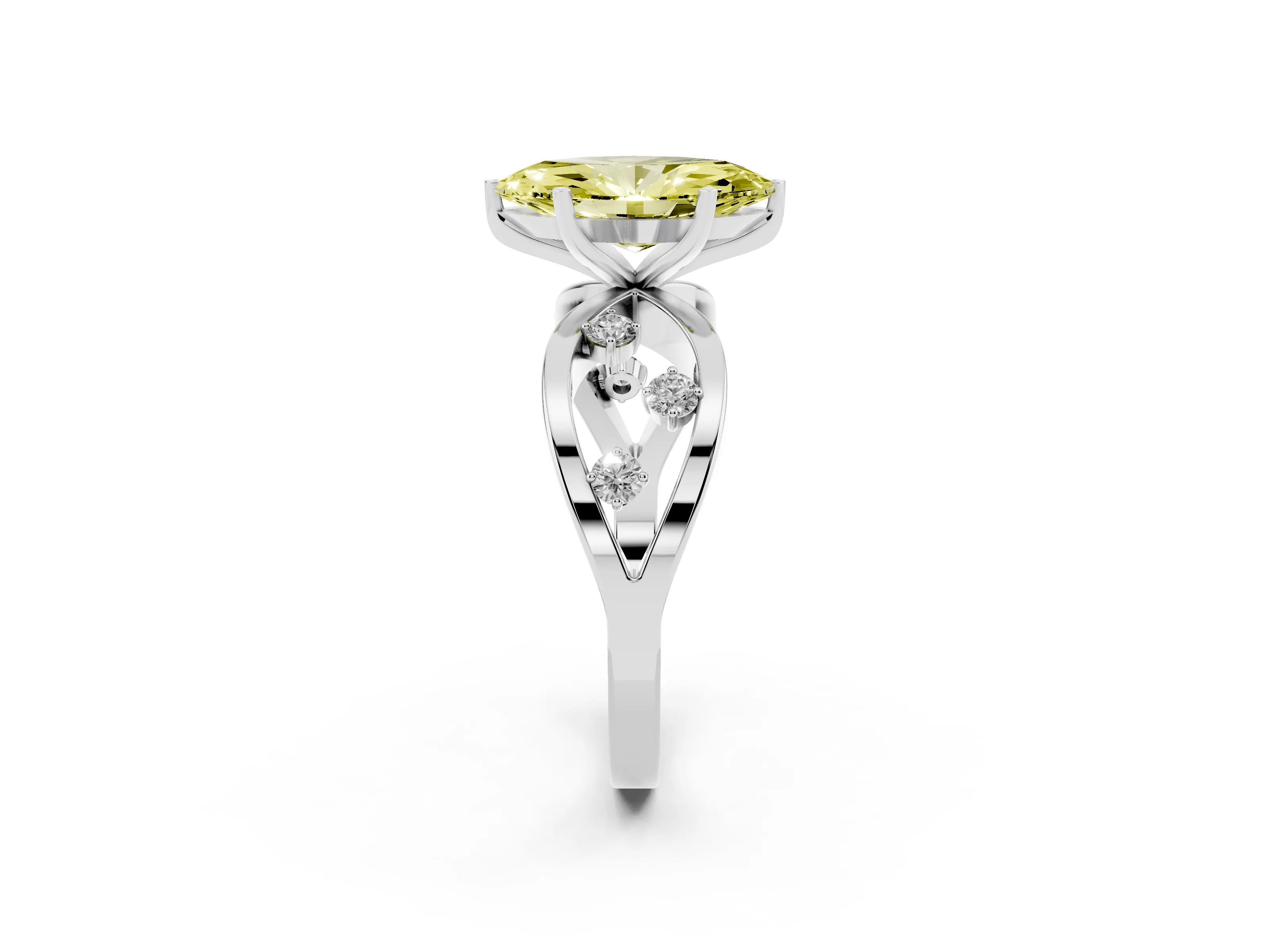 Fancy Yellow Marquise Cut Diamond Solitaire Ring Set in White gold with Side Stones on Criss-Cross Band and Prong Setting