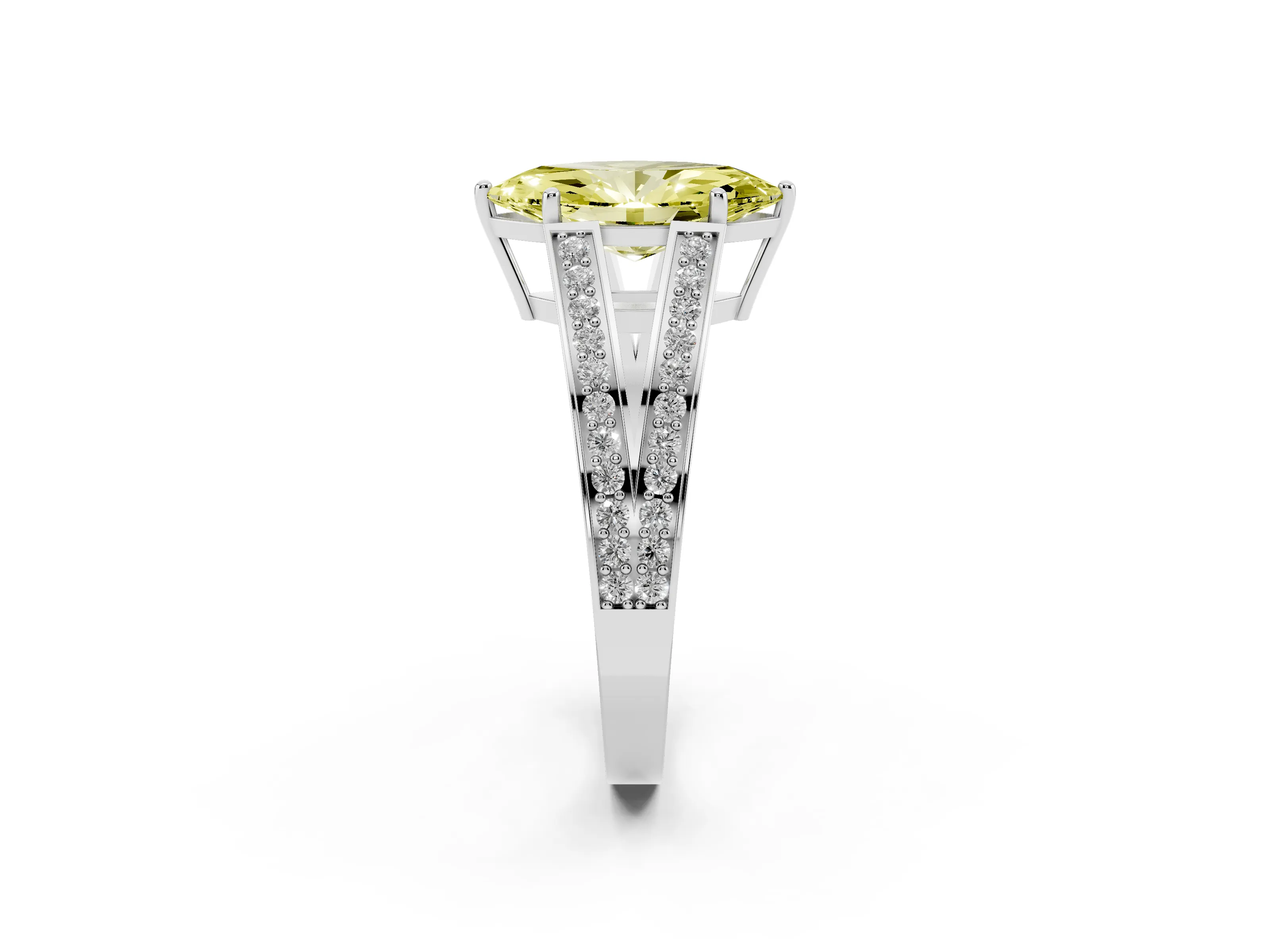 Fancy Yellow Marquise Cut Diamond Split Shank Ring Set in Silver with Pavé Band and Prong Setting
