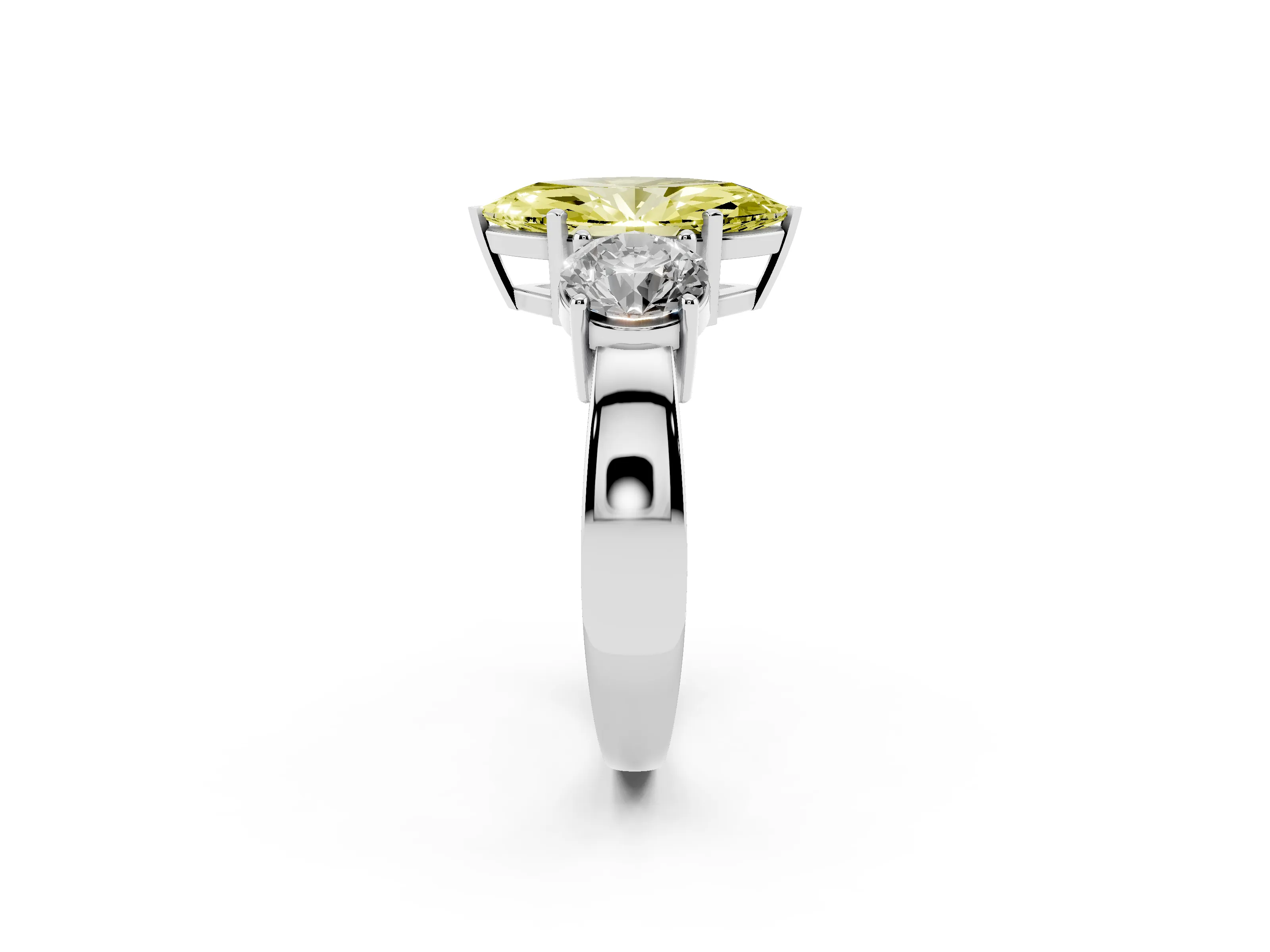 Fancy Yellow Marquise Cut Diamond Three-Stone Ring Set in Platinum with Round Side Stones and Classic Band
