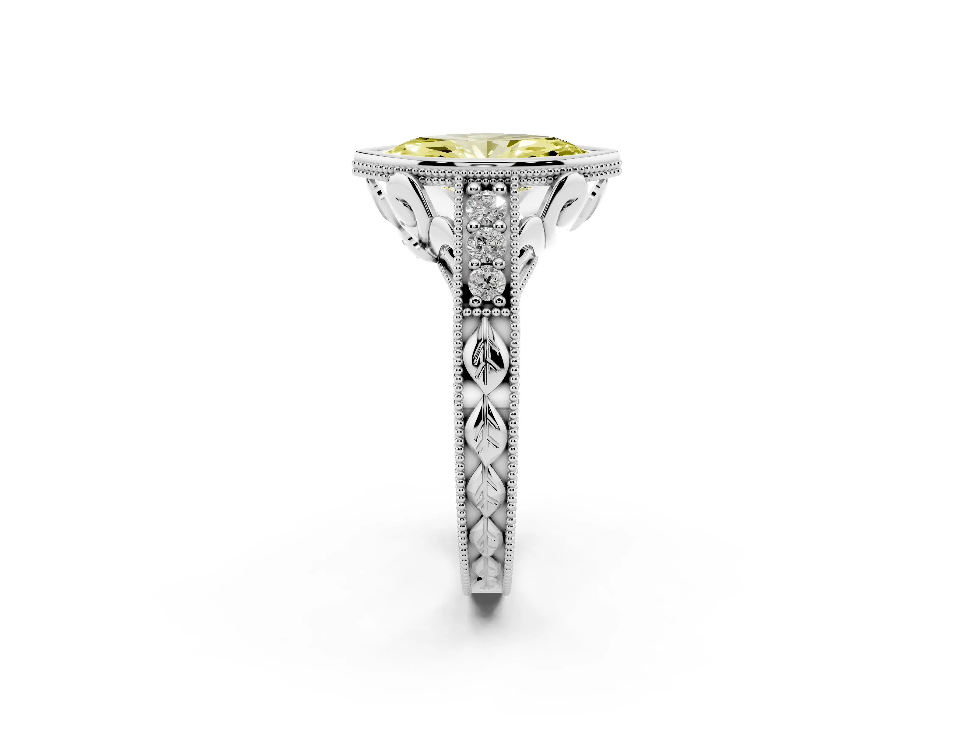 Fancy Yellow Bezel Set Marquise Cut Diamond Milgrain Pavé Engagement Ring Set in White gold