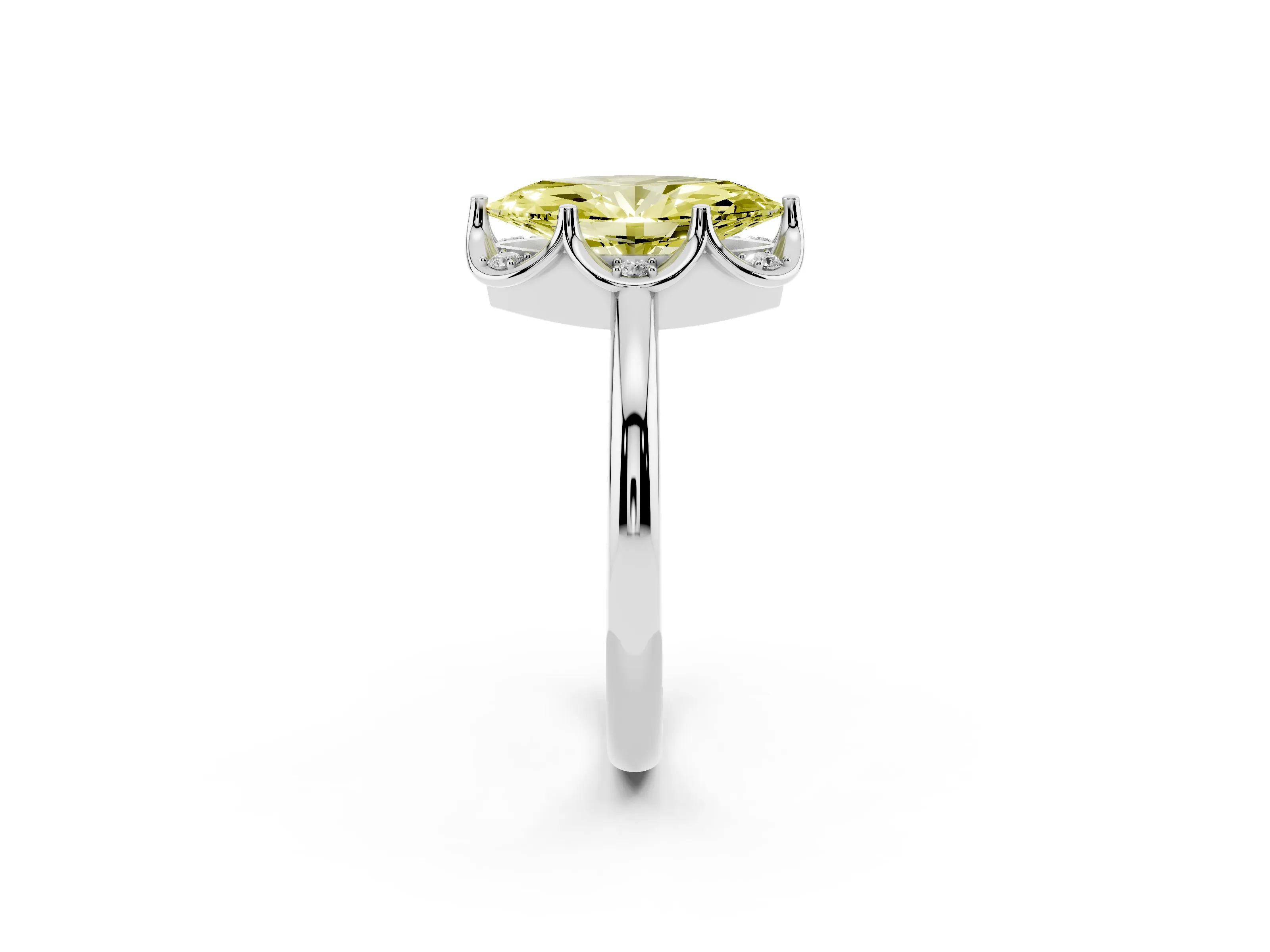 Fancy Yellow Marquise Cut Diamond Round Cluster Halo Ring Set in White gold with Solitaire Band and Prong Setting