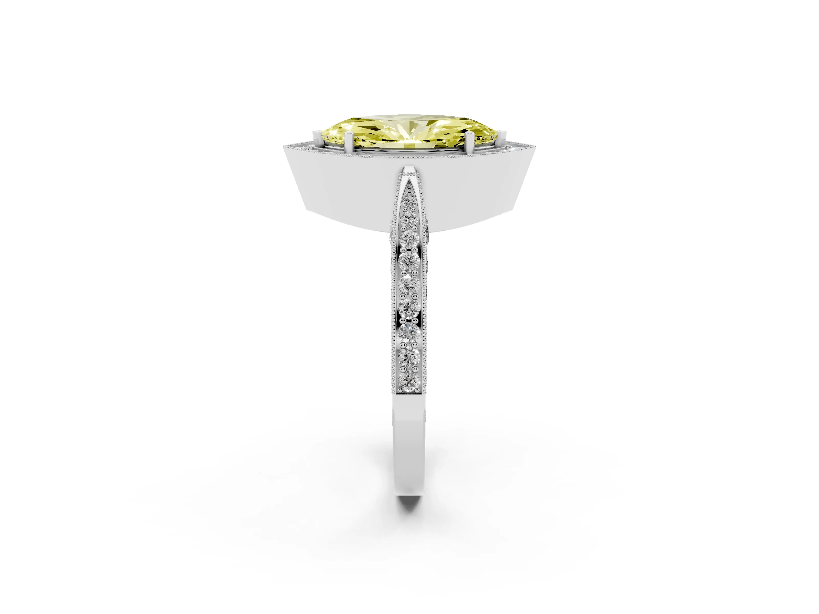 Fancy Yellow Marquise Cut Diamond Halo Engagement Ring Set in White gold with Accent Split Shank Band