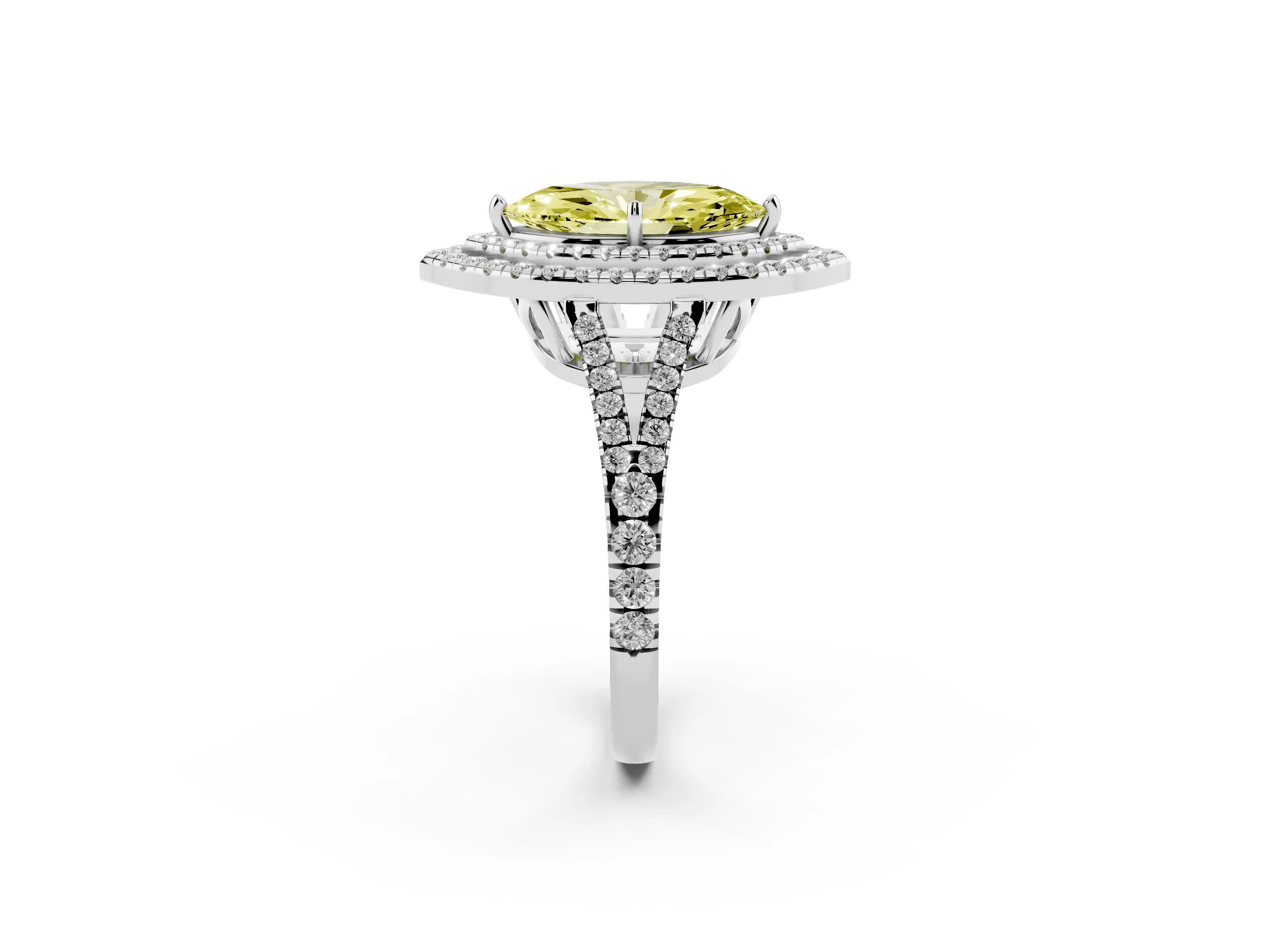 Fancy Yellow Marquise Cut Diamond Double Halo Ring Set in Platinum with Pavé Band