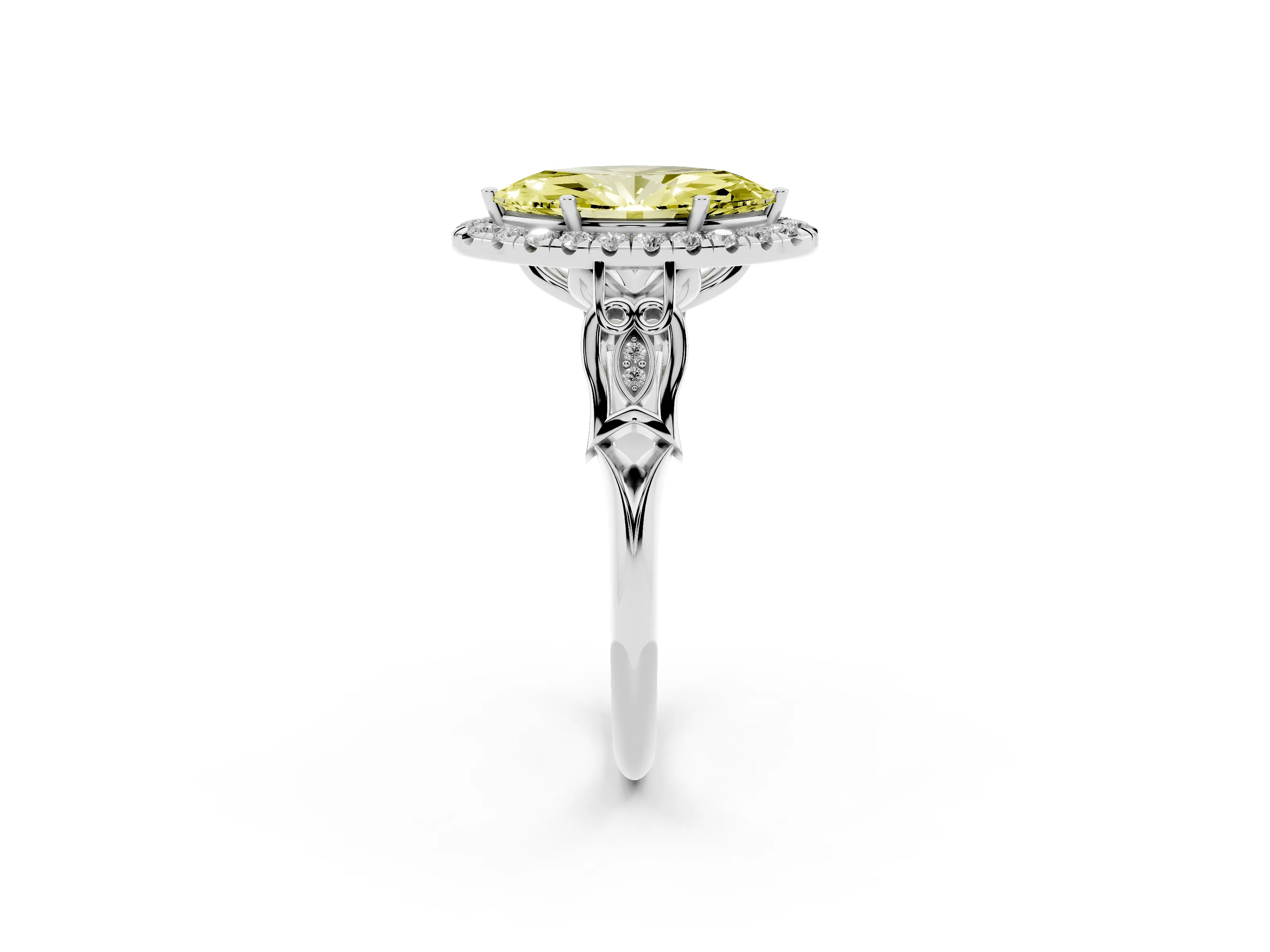 Fancy Yellow Marquise Cut Diamond Halo Engagement Ring Set in White gold with Filigree Band and Prong-Set Center