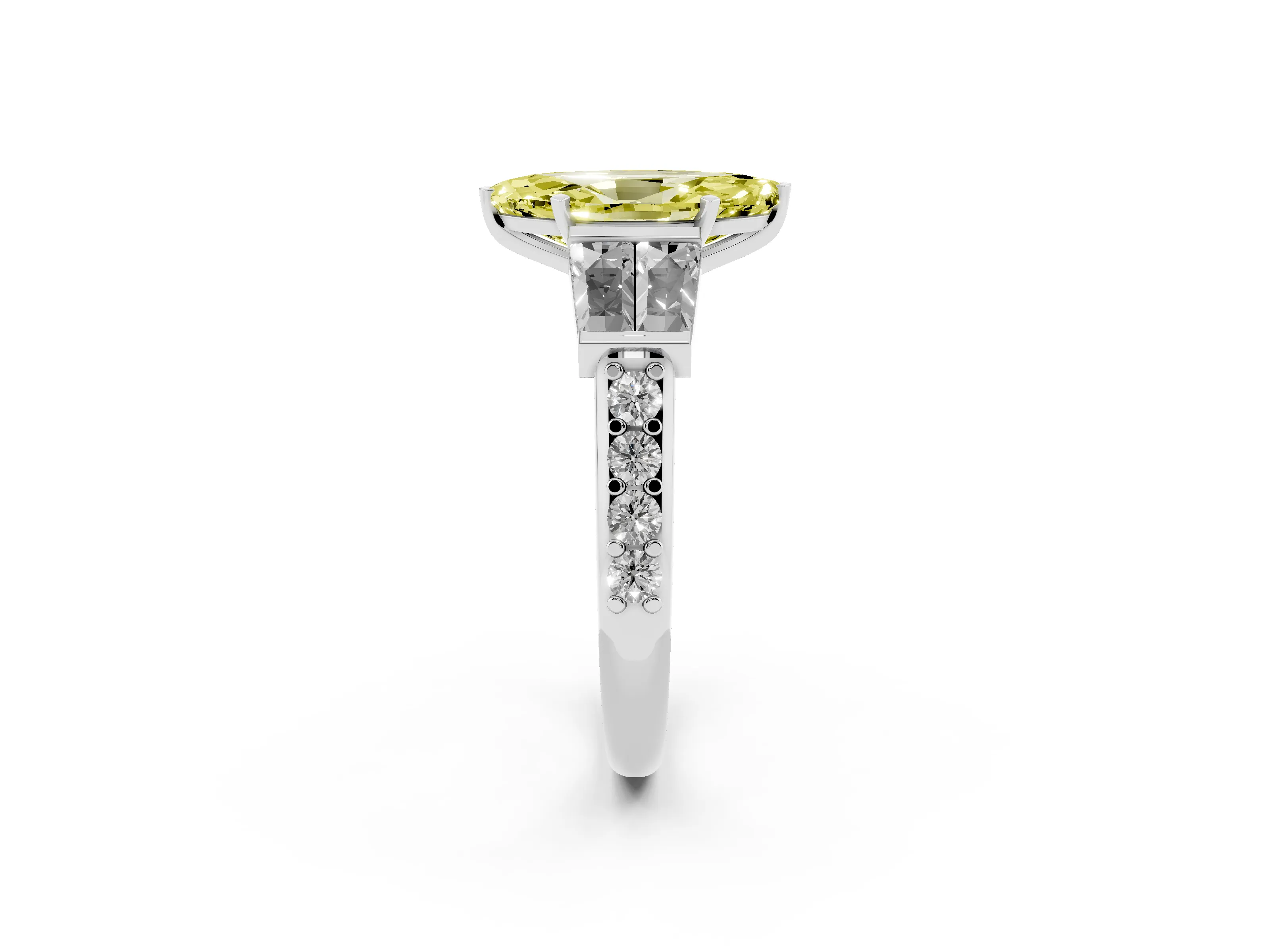 Fancy Yellow Marquise Cut Diamond Engagement Ring Set in White gold with Baguette Side Stones and Channel Set Band