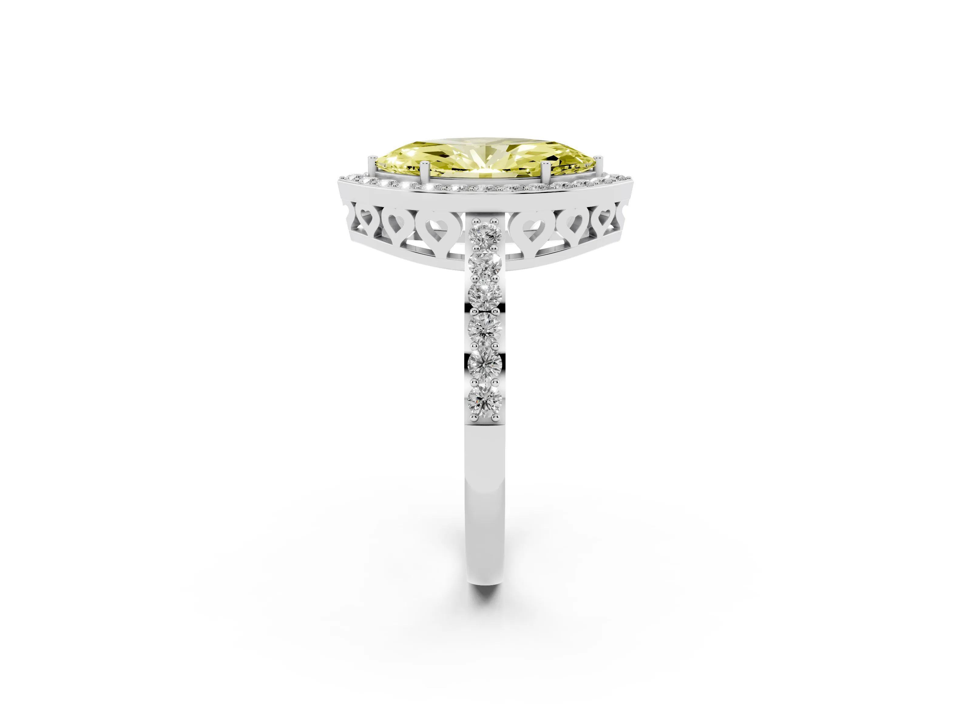 Fancy Yellow Marquise Cut Diamond Halo Ring Set in White gold with Pavé-Setting Band and Open Prong Center