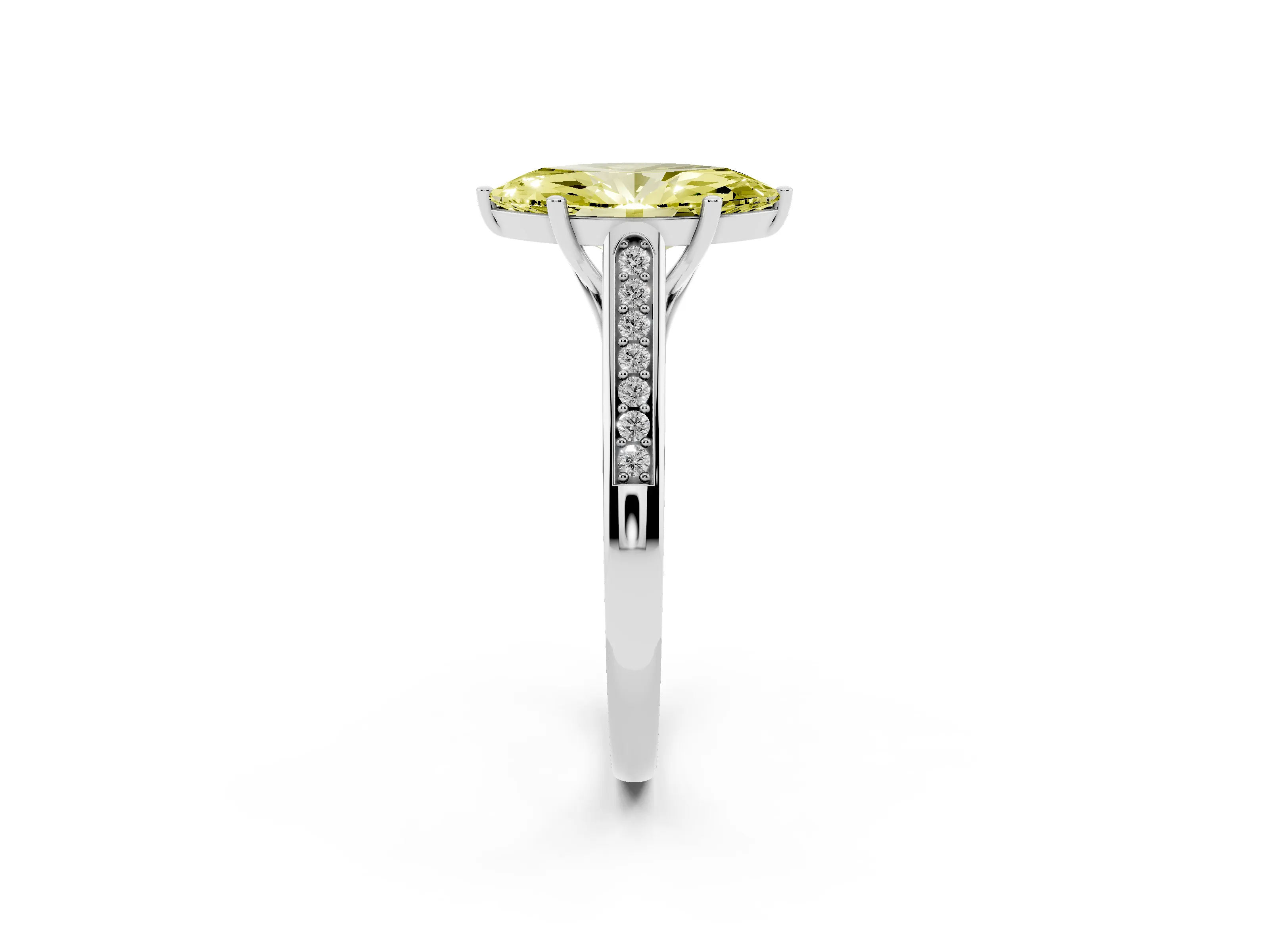 Fancy Yellow Marquise Cut Diamond Solitaire Cathedral Engagement Ring Set in White gold with Channel-Set Band and Prong Setting