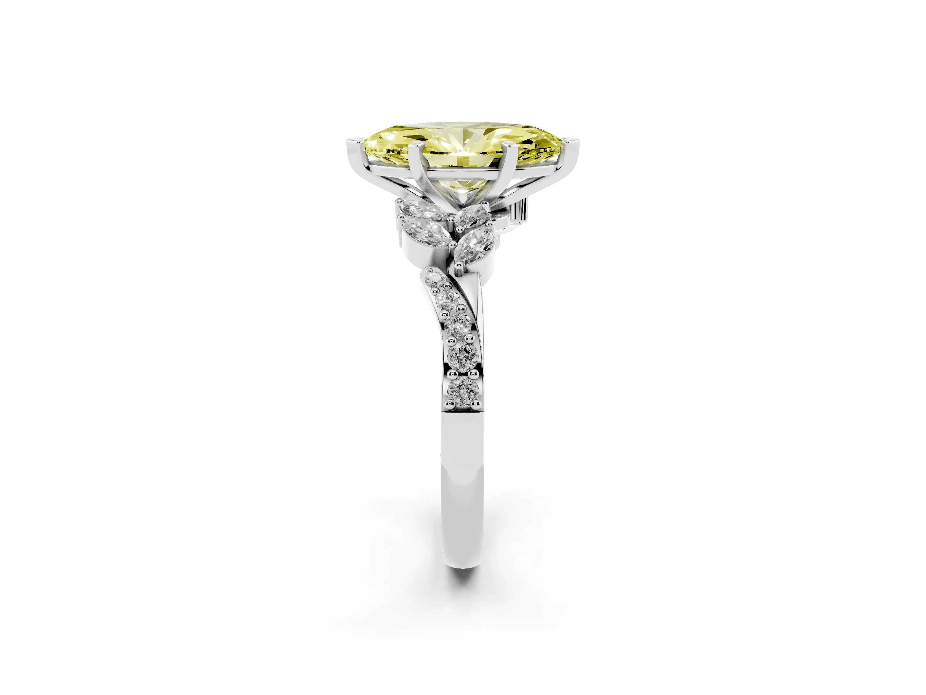 Fancy Yellow Marquise Cut Diamond Solitaire Ring Set in Silver with Marquise Twist Band and Prong Setting