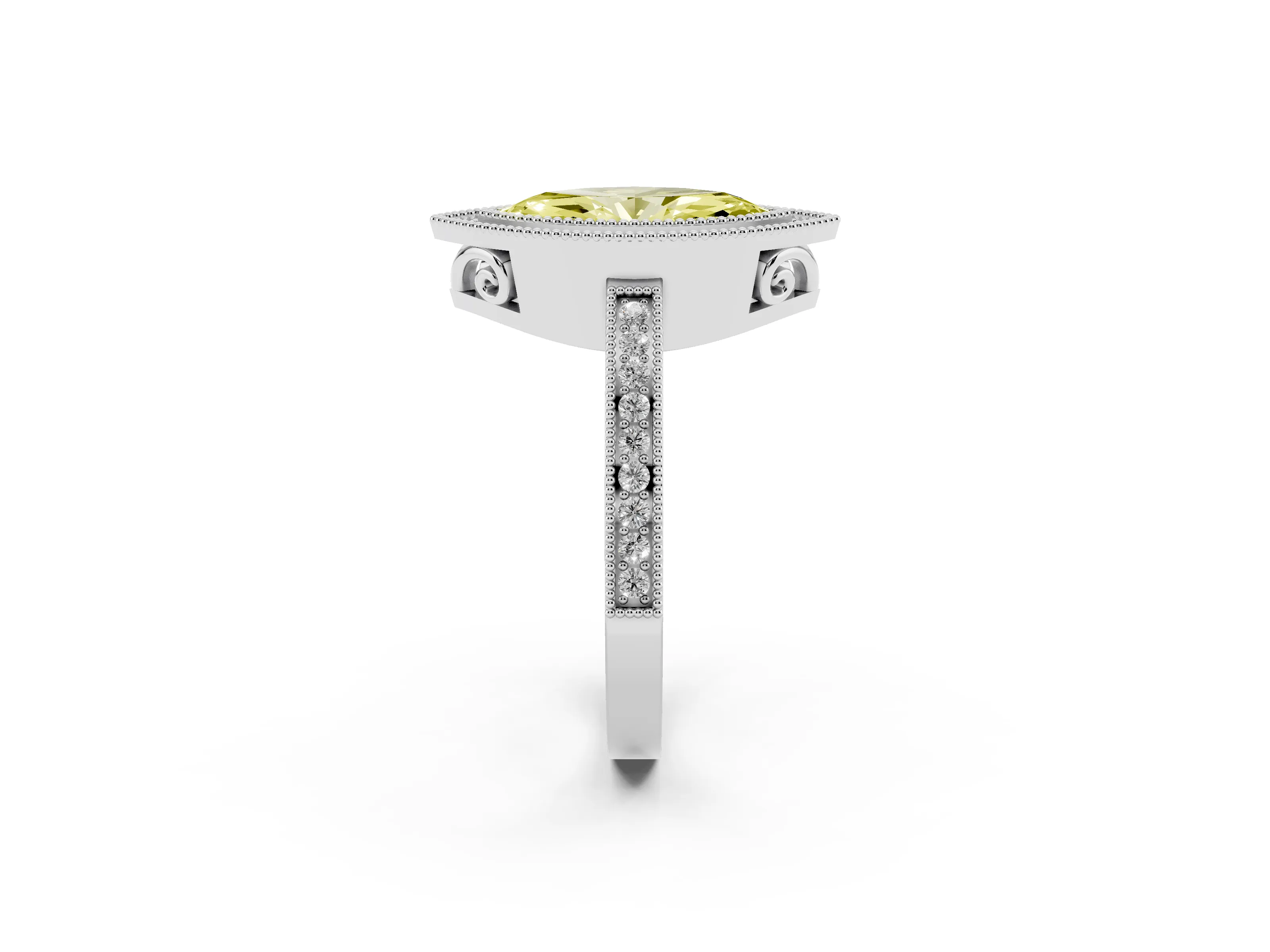 Fancy Yellow Marquise Cut Diamond Halo Ring Set in White gold with Pavé Band and Milgrain-Edged Prongs