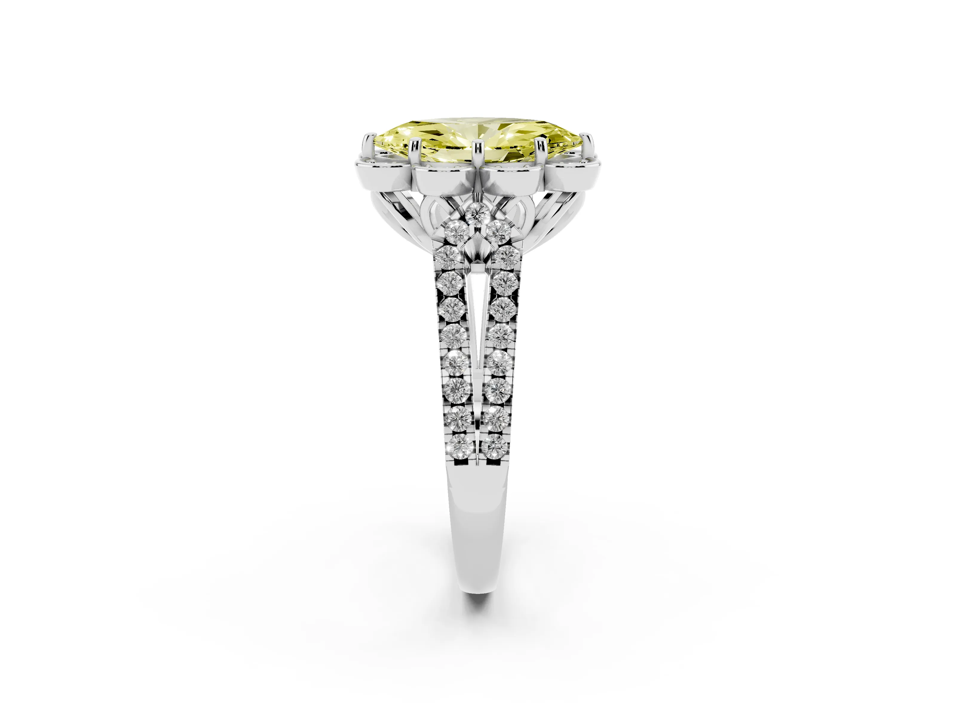 Fancy Yellow Marquise Cut Diamond Floral Halo Split Shank Engagement Ring Set in Silver with Pavé Shank