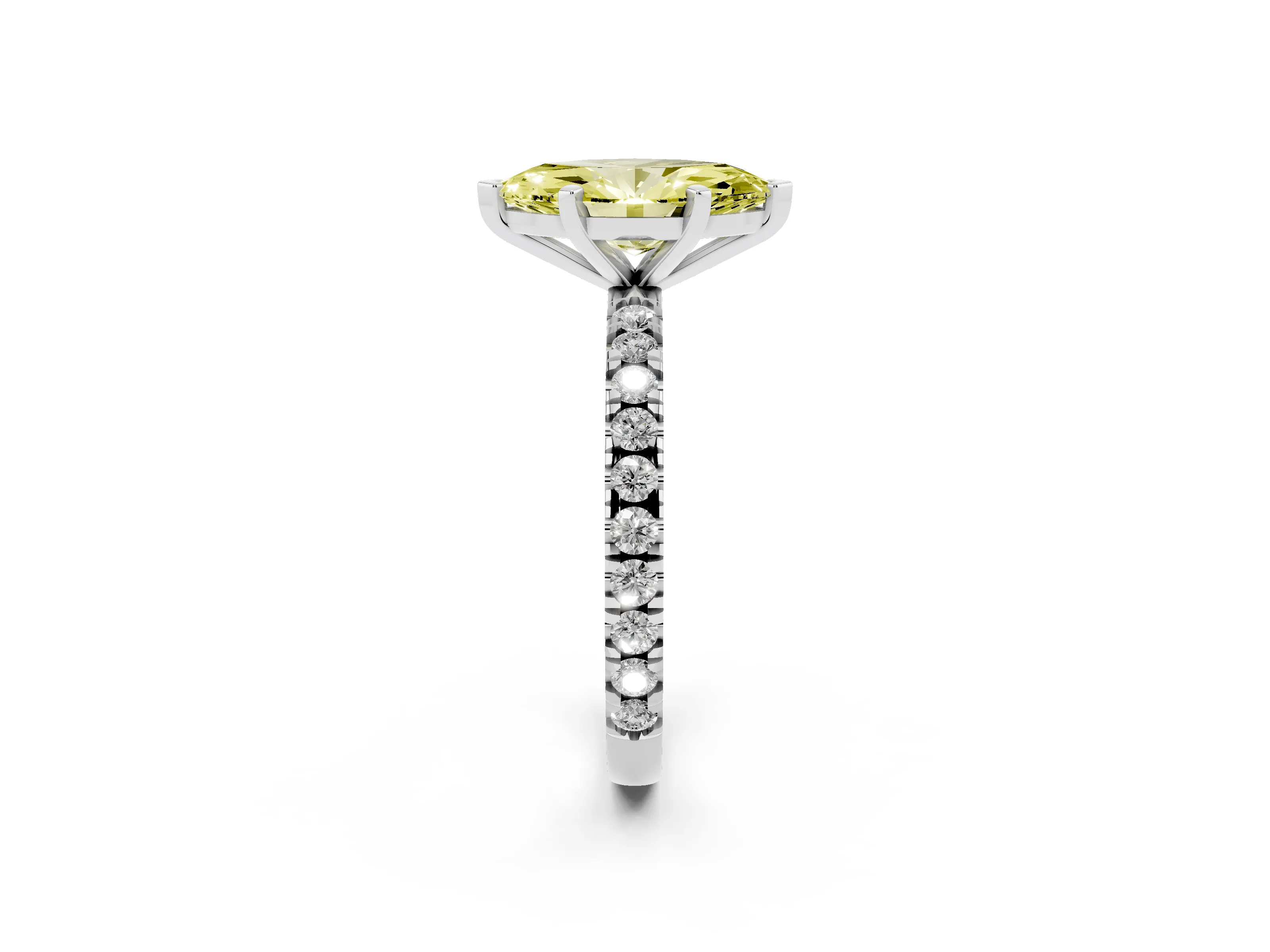 Fancy Yellow Marquise Cut Diamond Pavé Band Solitaire Set in White gold with Prong Setting