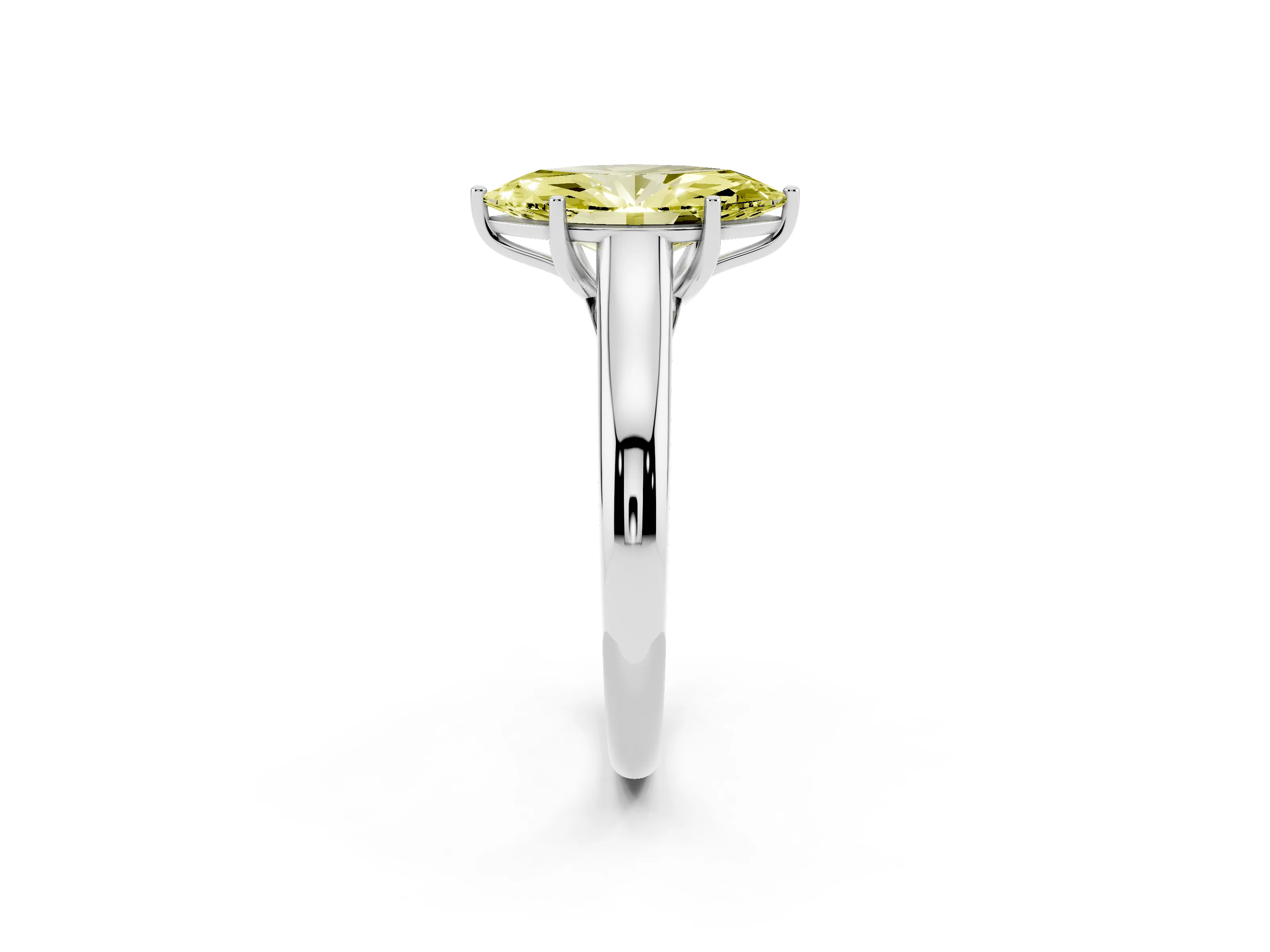 Fancy Yellow Marquise Cut Diamond Solitaire Engagement Ring Set in White gold with Subtly Tapered Band and Prong Setting