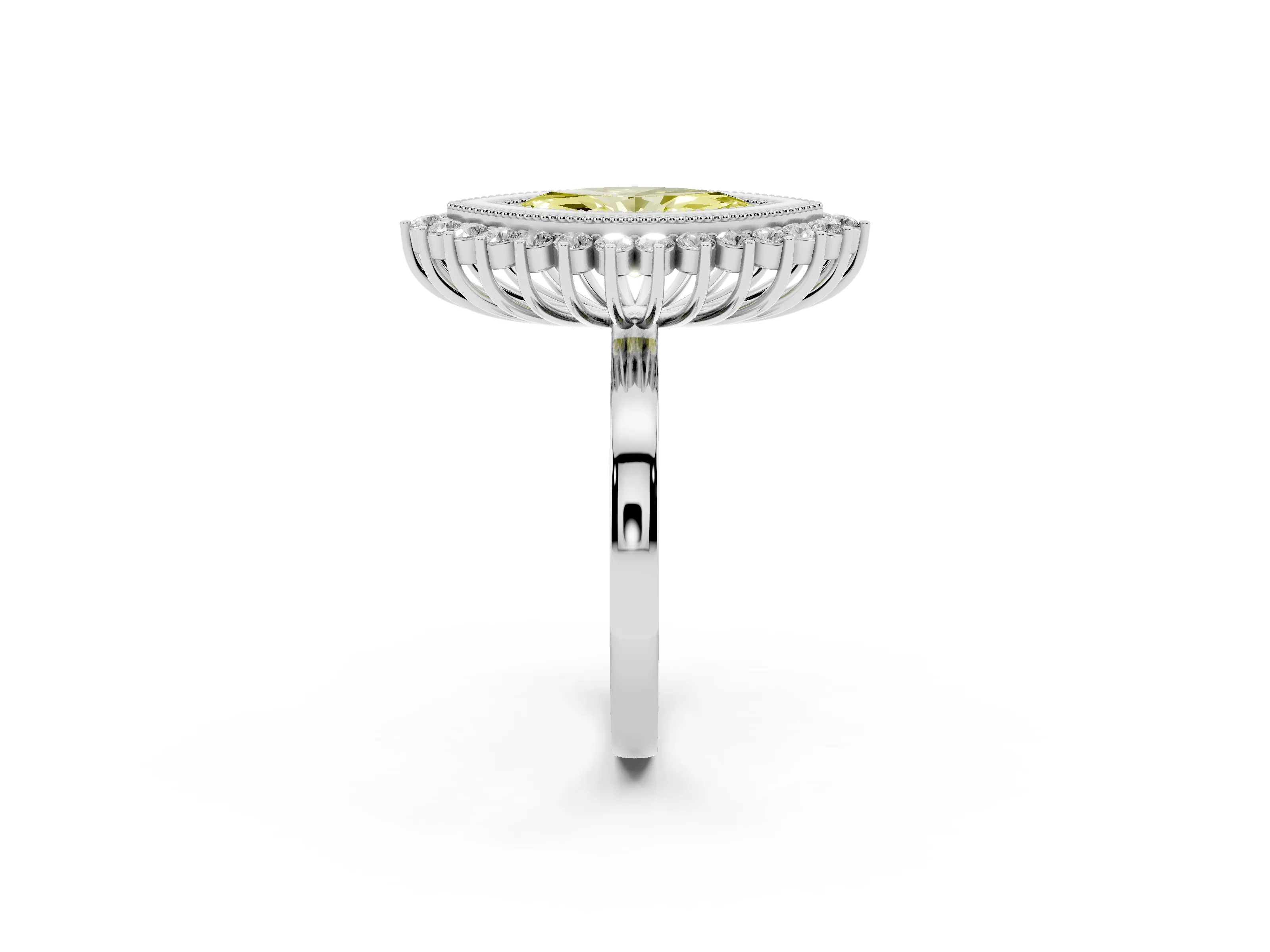 Fancy Yellow Marquise Cut Diamond Halo Ring Set in Platinum with Milgrain Edge and Round Prong Setting