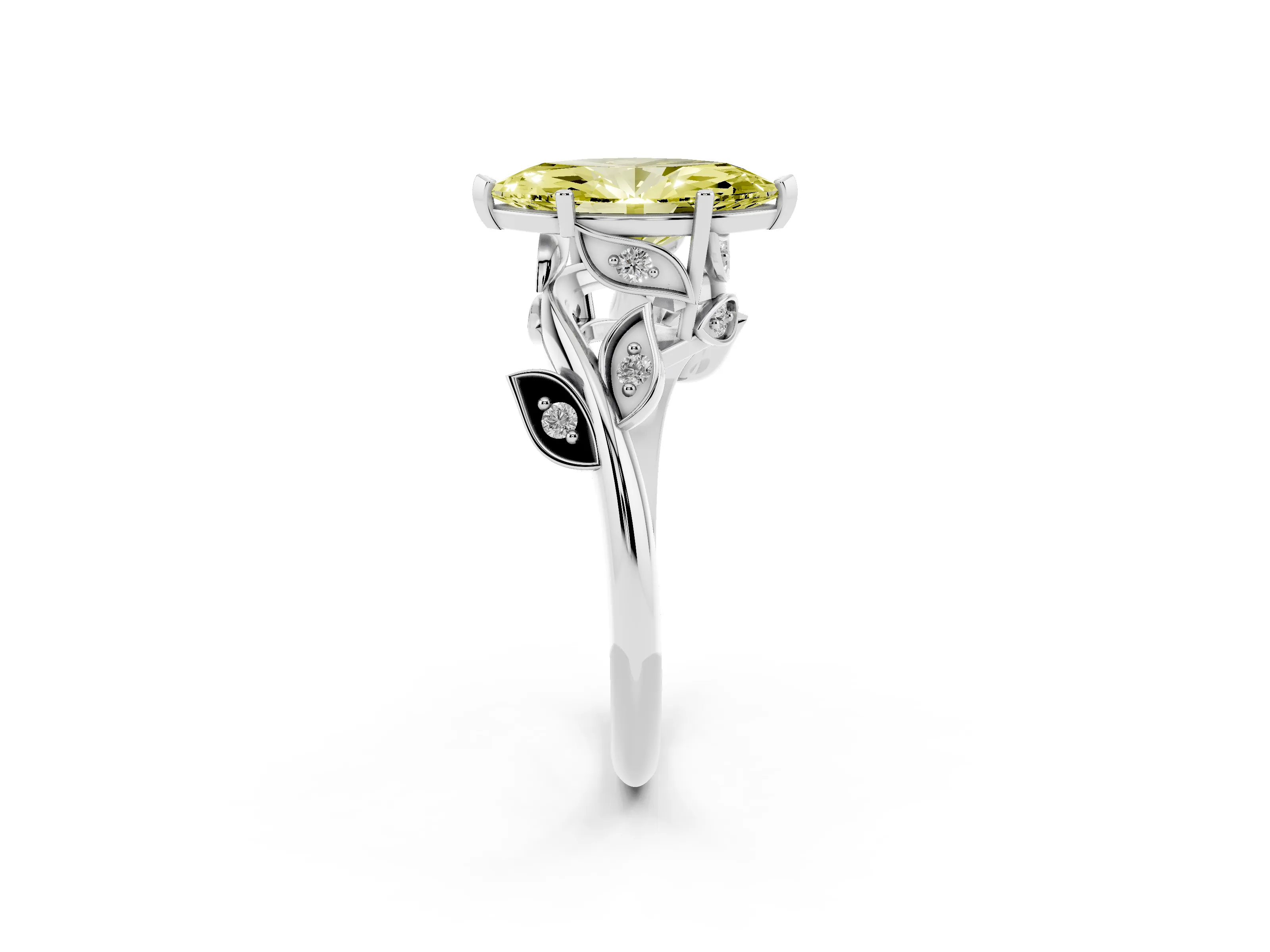 Fancy Yellow Marquise Cut Diamond Solitaire Twist Engagement Ring Set in Silver with Pavé Leaf Accents