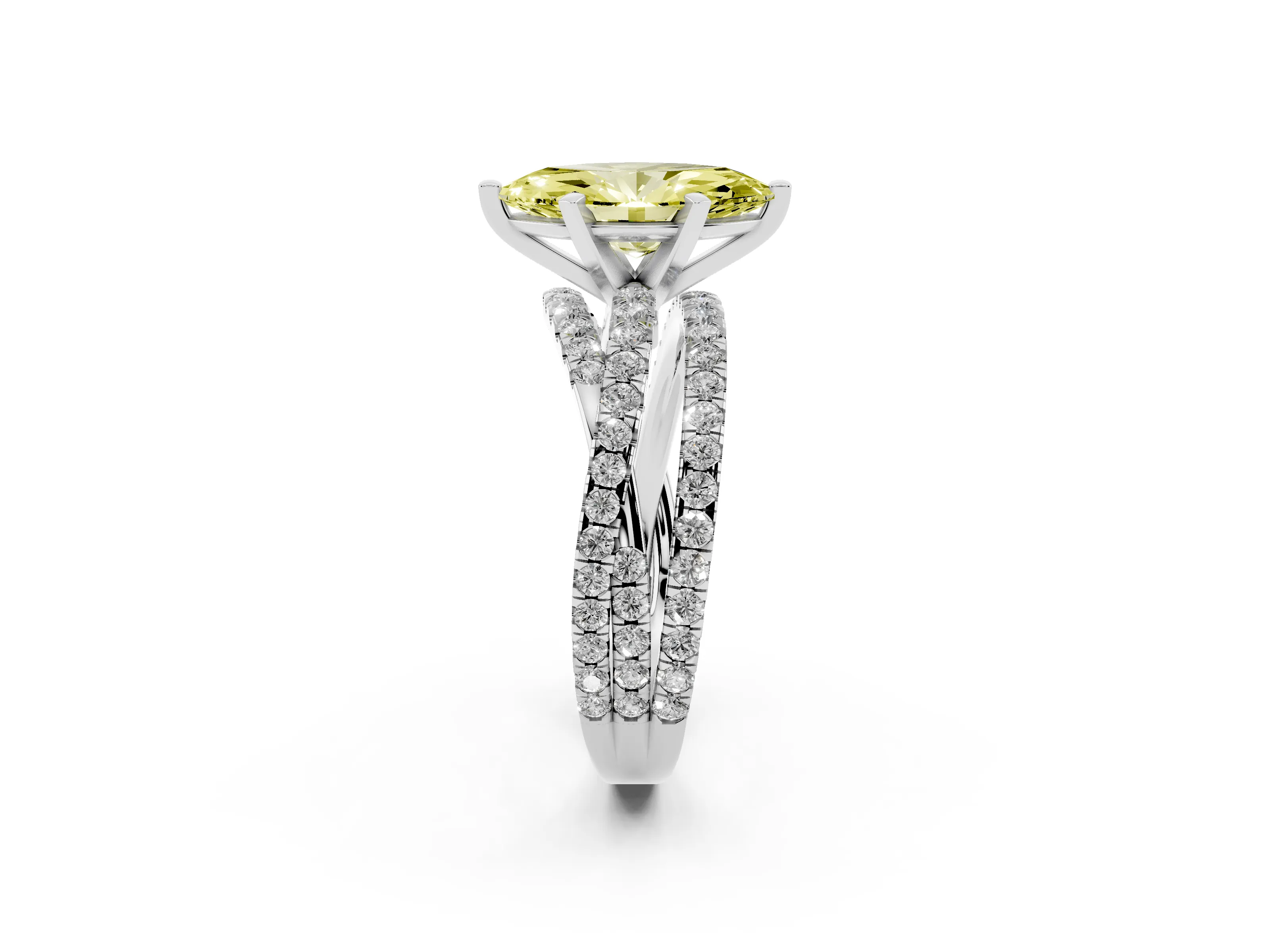 Fancy Yellow Marquise Cut Diamond Solitaire Twist Band Ring Set in White gold with Pavé Setting and Prong Head