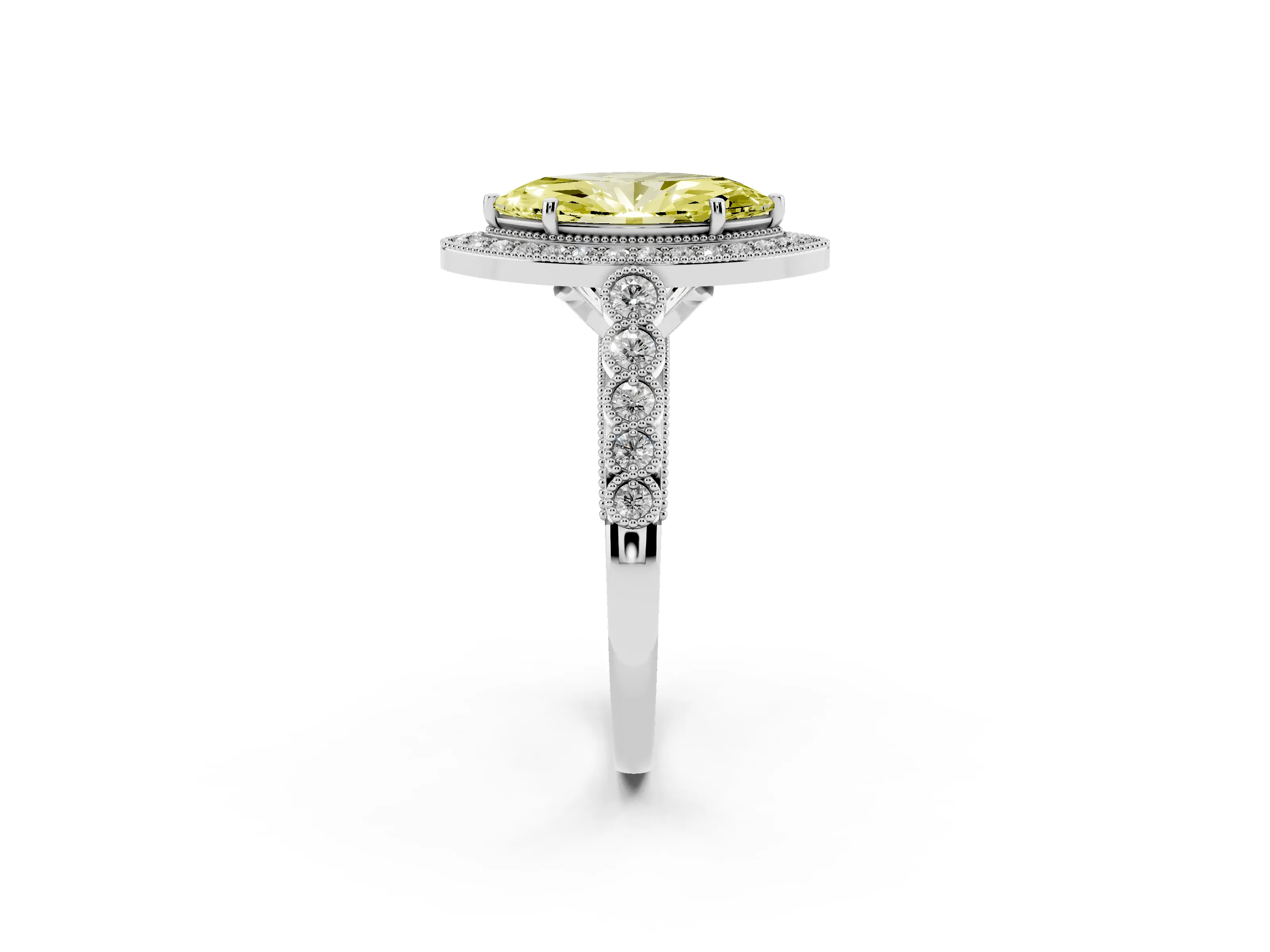 Fancy Yellow Marquise Cut Diamond Milgrain Halo Solitaire Ring Set in White gold with Bezel Set Side Stones and Pavé Band