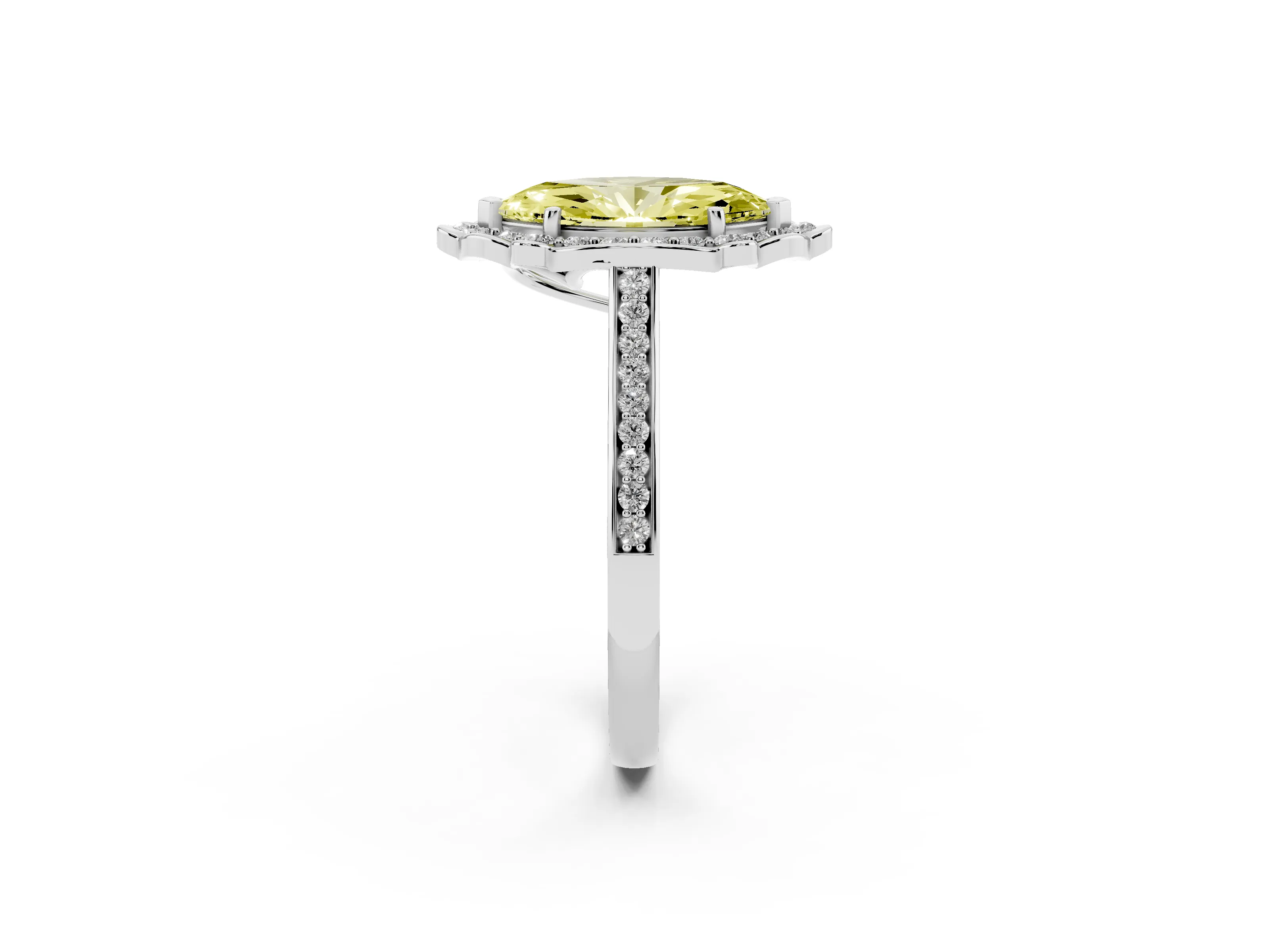 Fancy Yellow Marquise Cut Diamond Halo Ring Set in White gold with Pavé-Lined Shoulders and Prong Setting