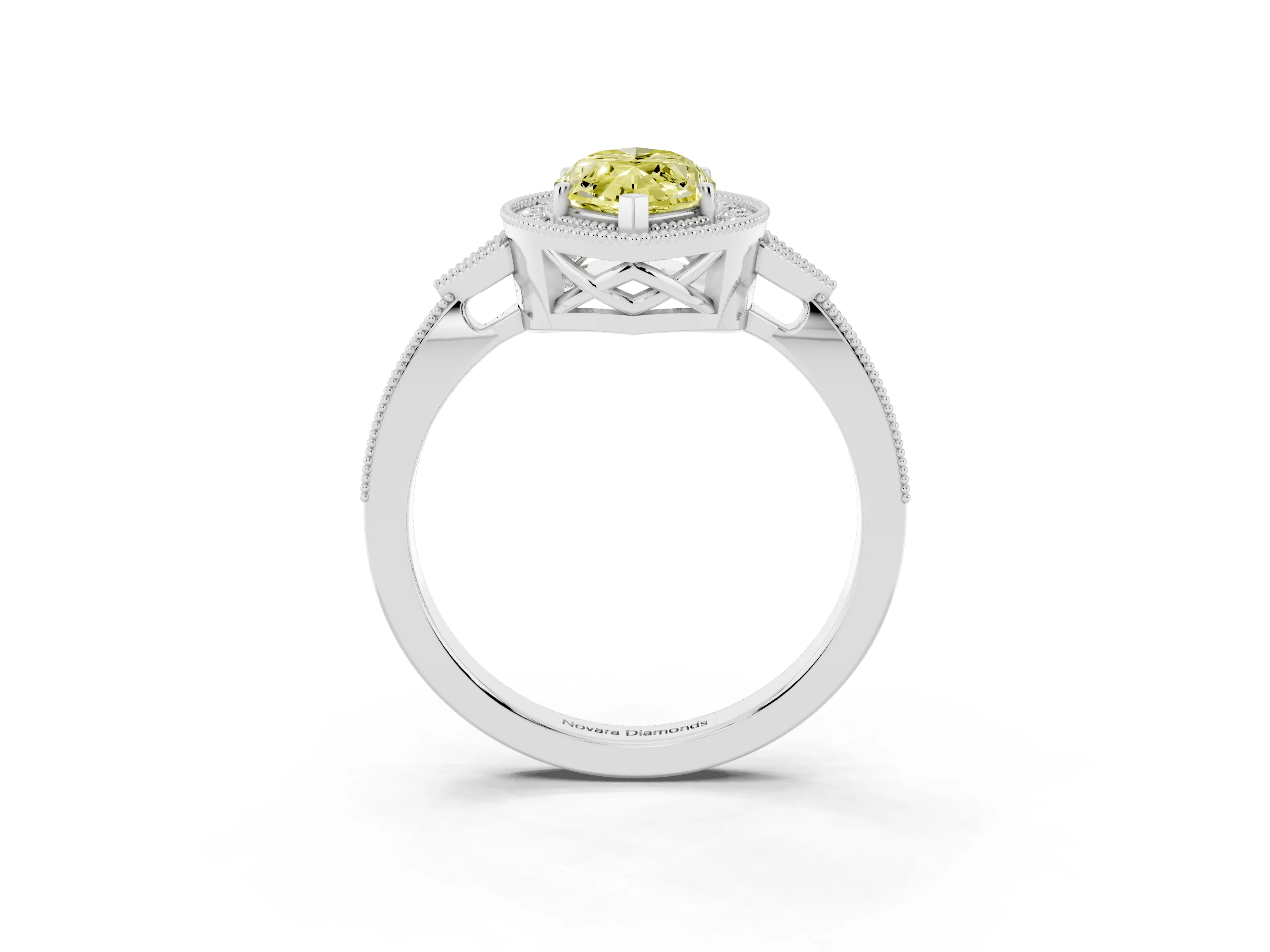 Fancy Yellow Marquise Cut Diamond Halo Engagement Ring Set in Platinum with Milgrain Pavé Band