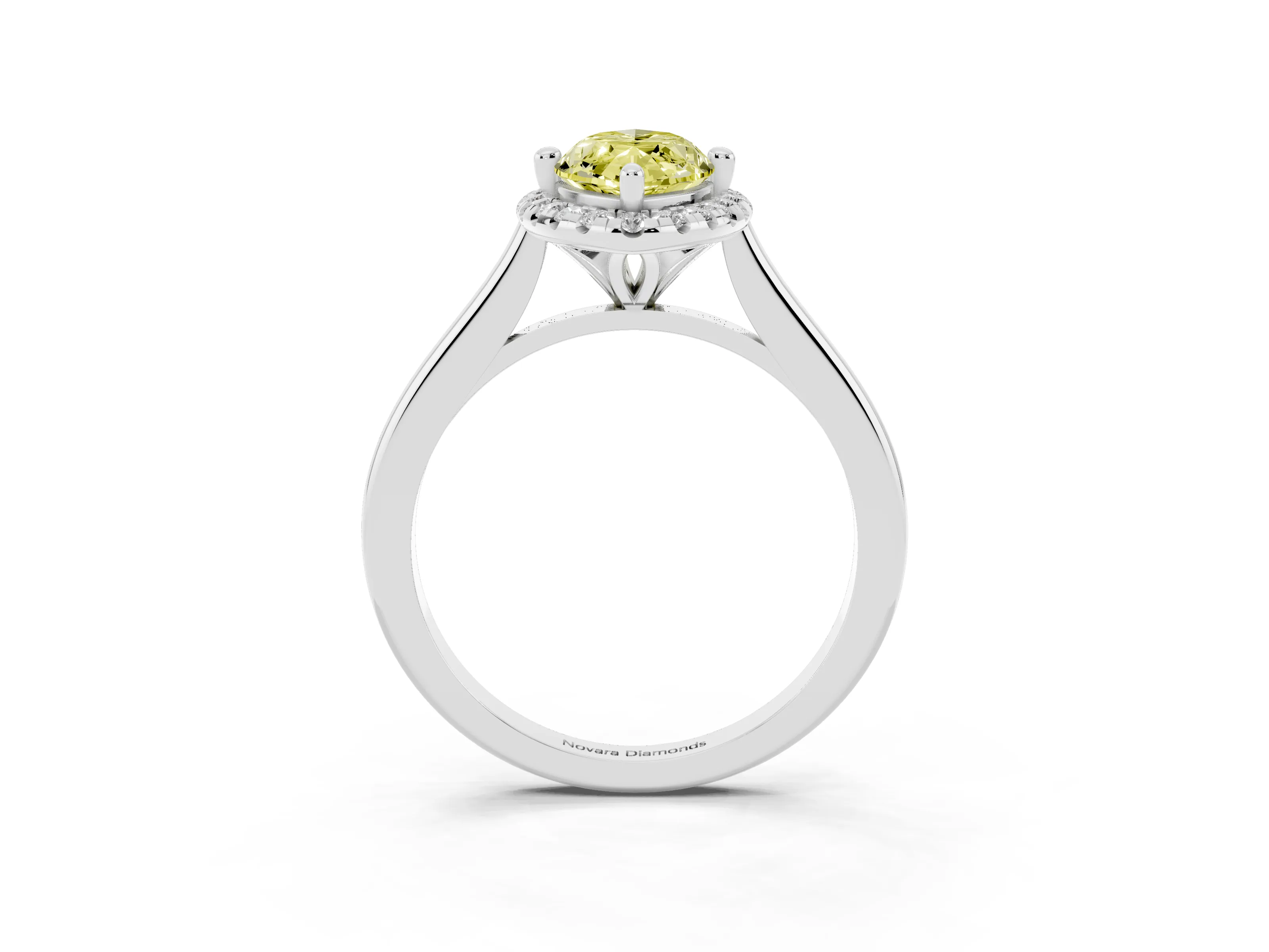 Fancy Yellow Marquise Cut Diamond Halo Engagement Ring Set in White gold with Pavé Band and Rising Shoulders