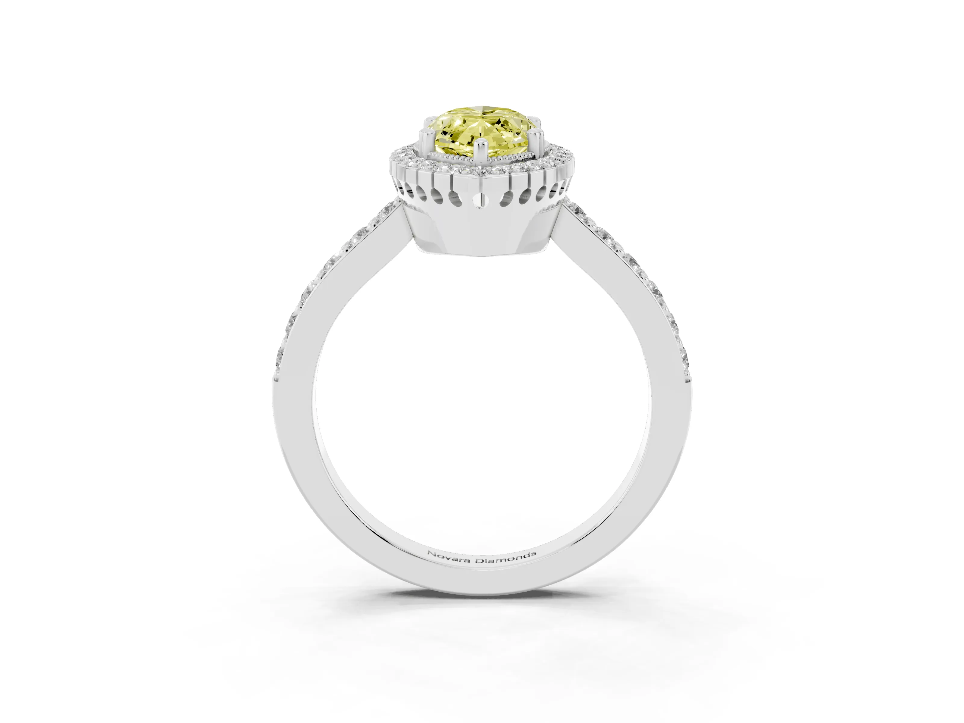 Fancy Yellow Marquise Cut Diamond Halo Engagement Ring Set in White gold with Milgrain Detail and Pavé Band