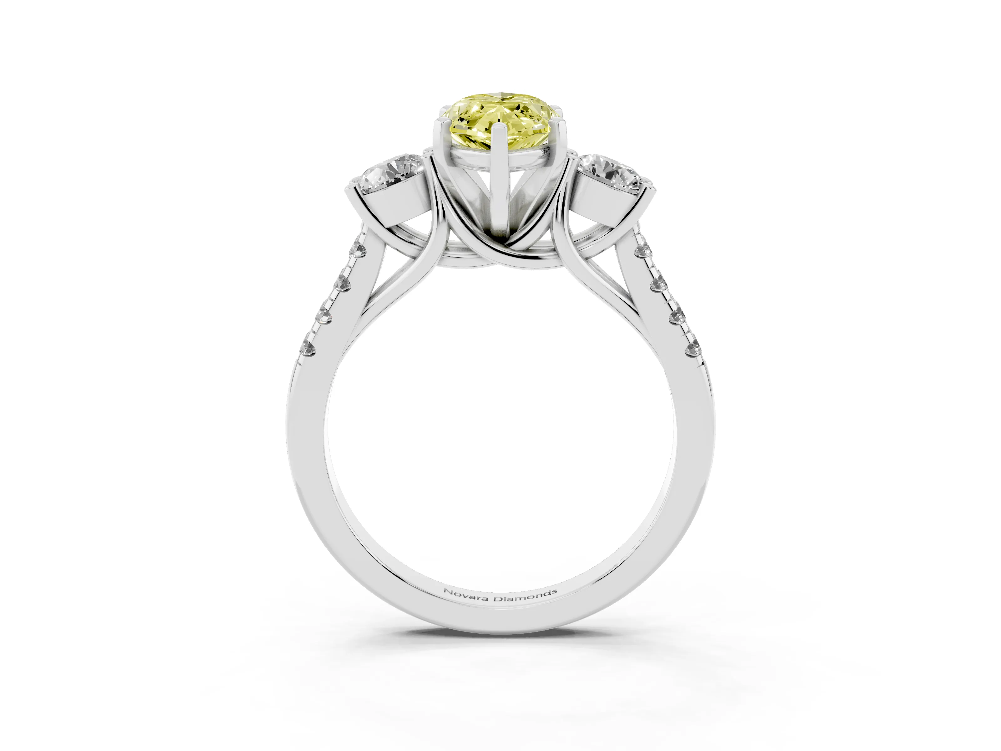 Fancy Yellow Three-Stone Marquise Cut Diamond Pavé Band Ring Set in Platinum with Prong-Set Trio