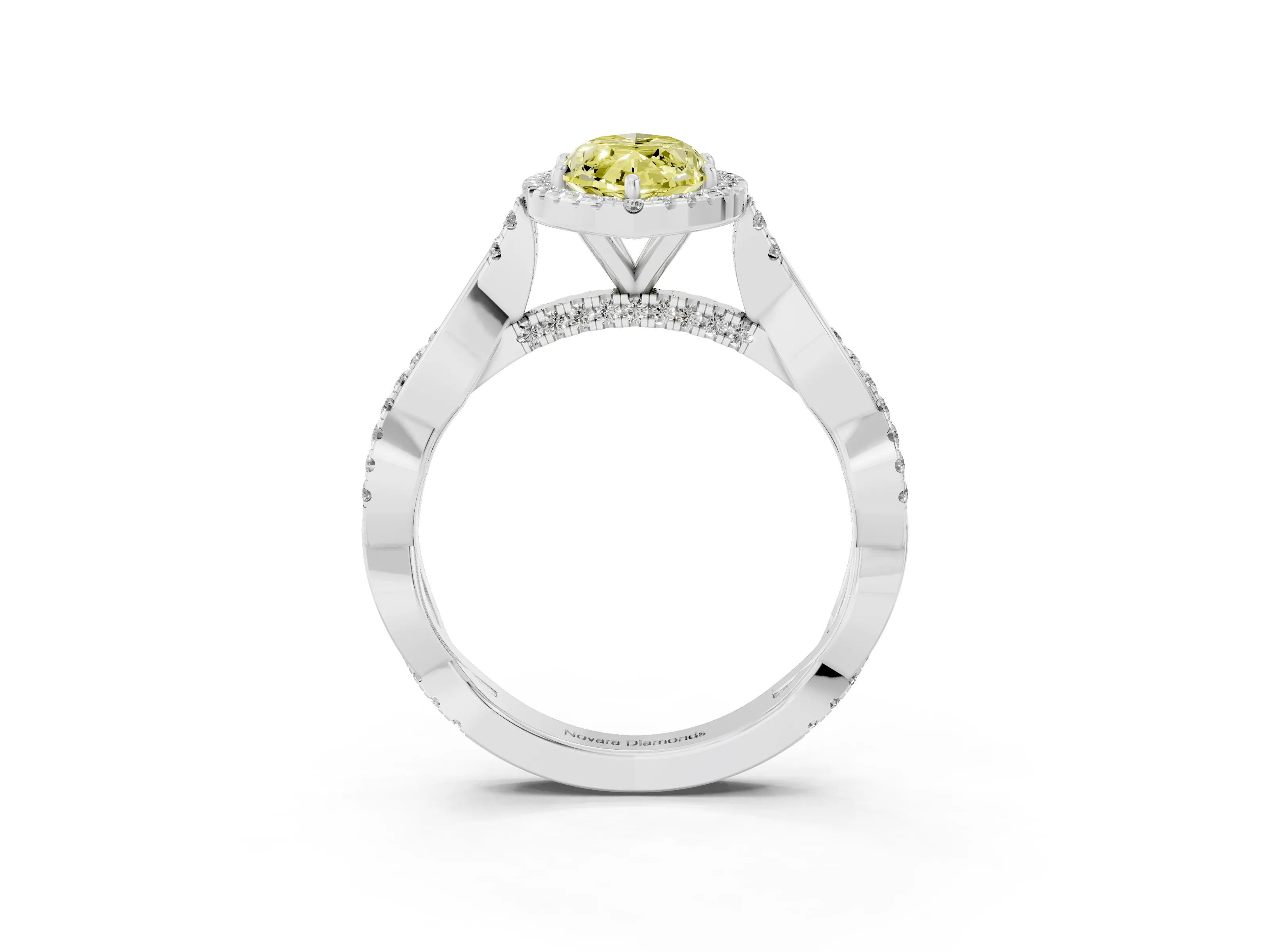 Fancy Yellow Marquise Cut Diamond Halo Twist Band Solitaire Ring Set in Silver with Prong Setting