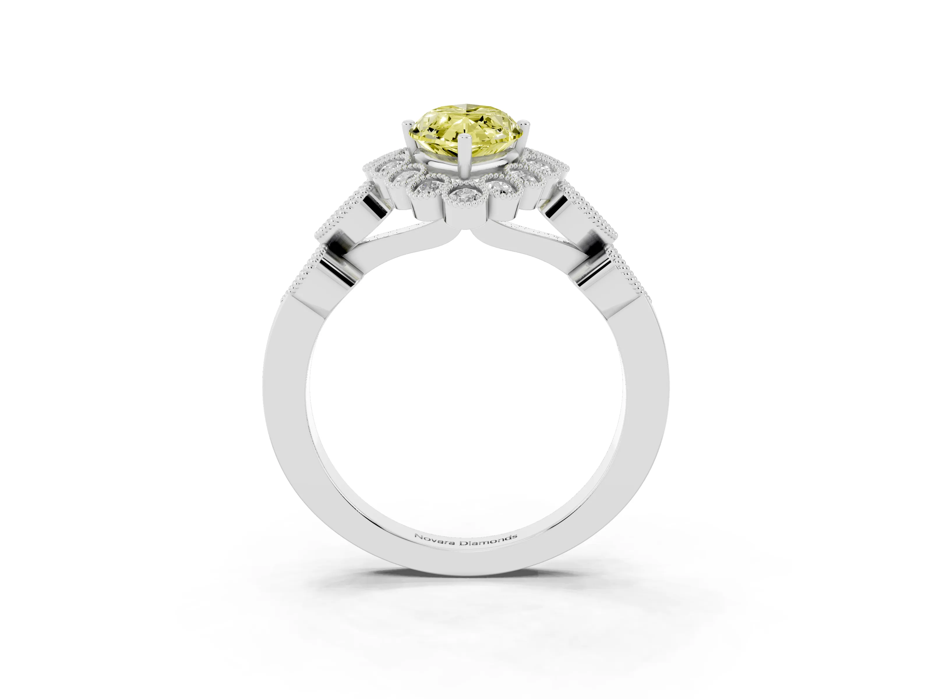 Fancy Yellow Marquise Cut Diamond Solitaire Ring Set in Platinum with Milgrain Pavé Heart Band