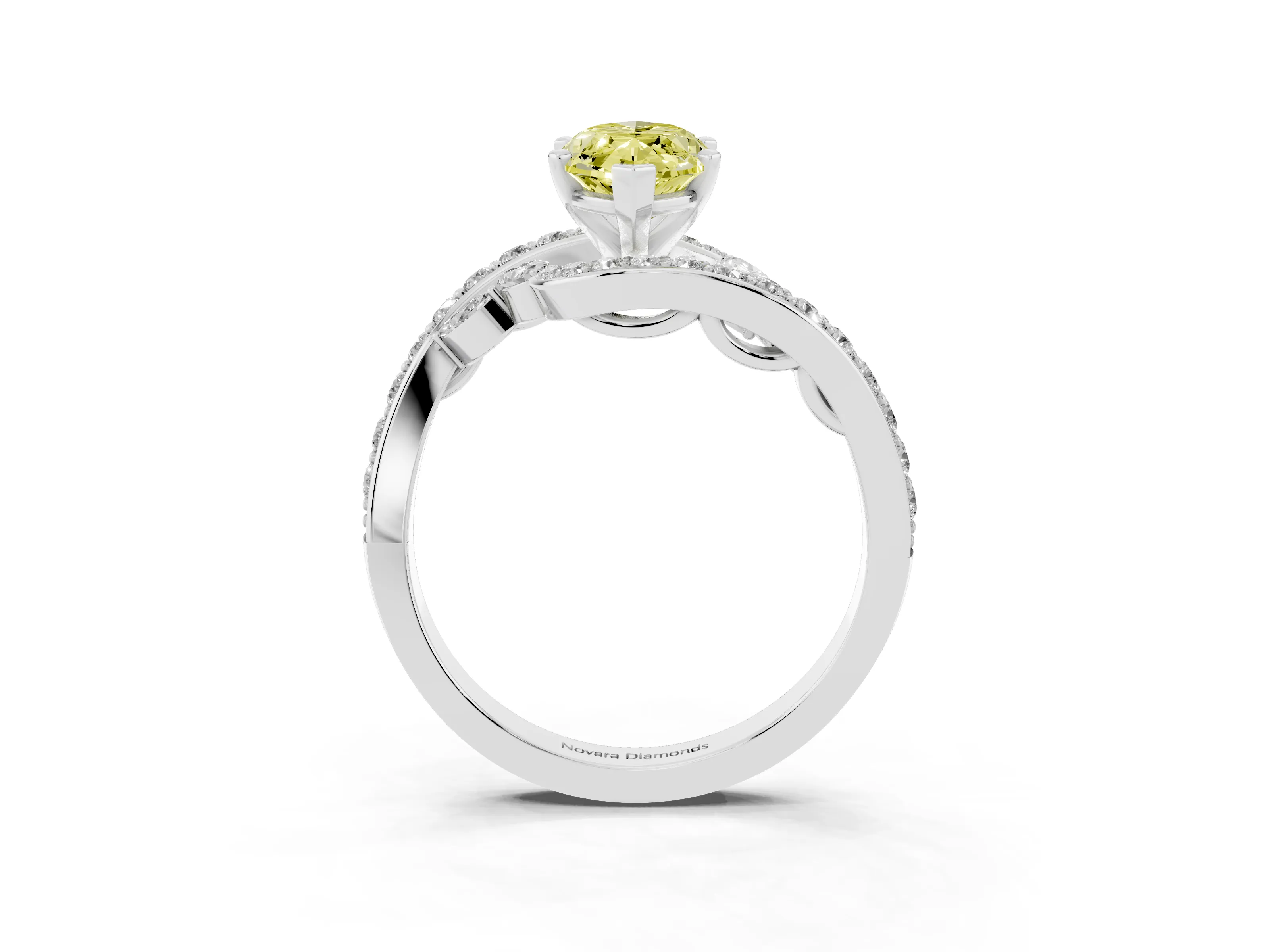 Fancy Yellow Marquise Cut Diamond Solitaire Ring Set in Platinum with Pavé Twist Band and Secure Prong Setting