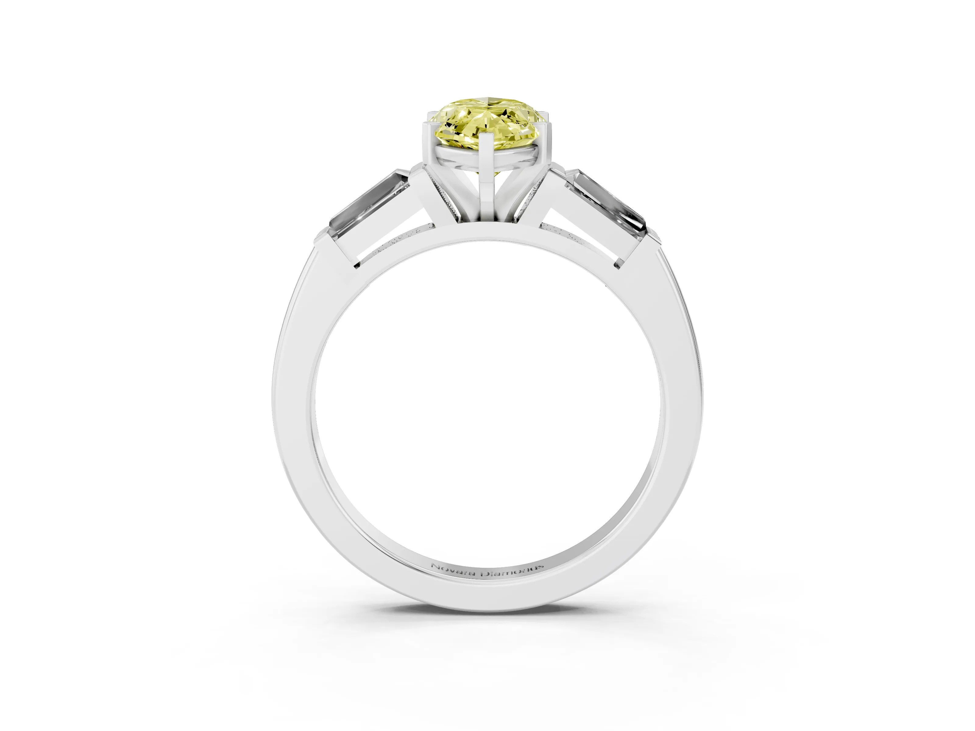 Fancy Yellow Marquise Cut Diamond Solitaire Ring Set in Platinum with Tapered Baguette Side Stones and Prong Setting