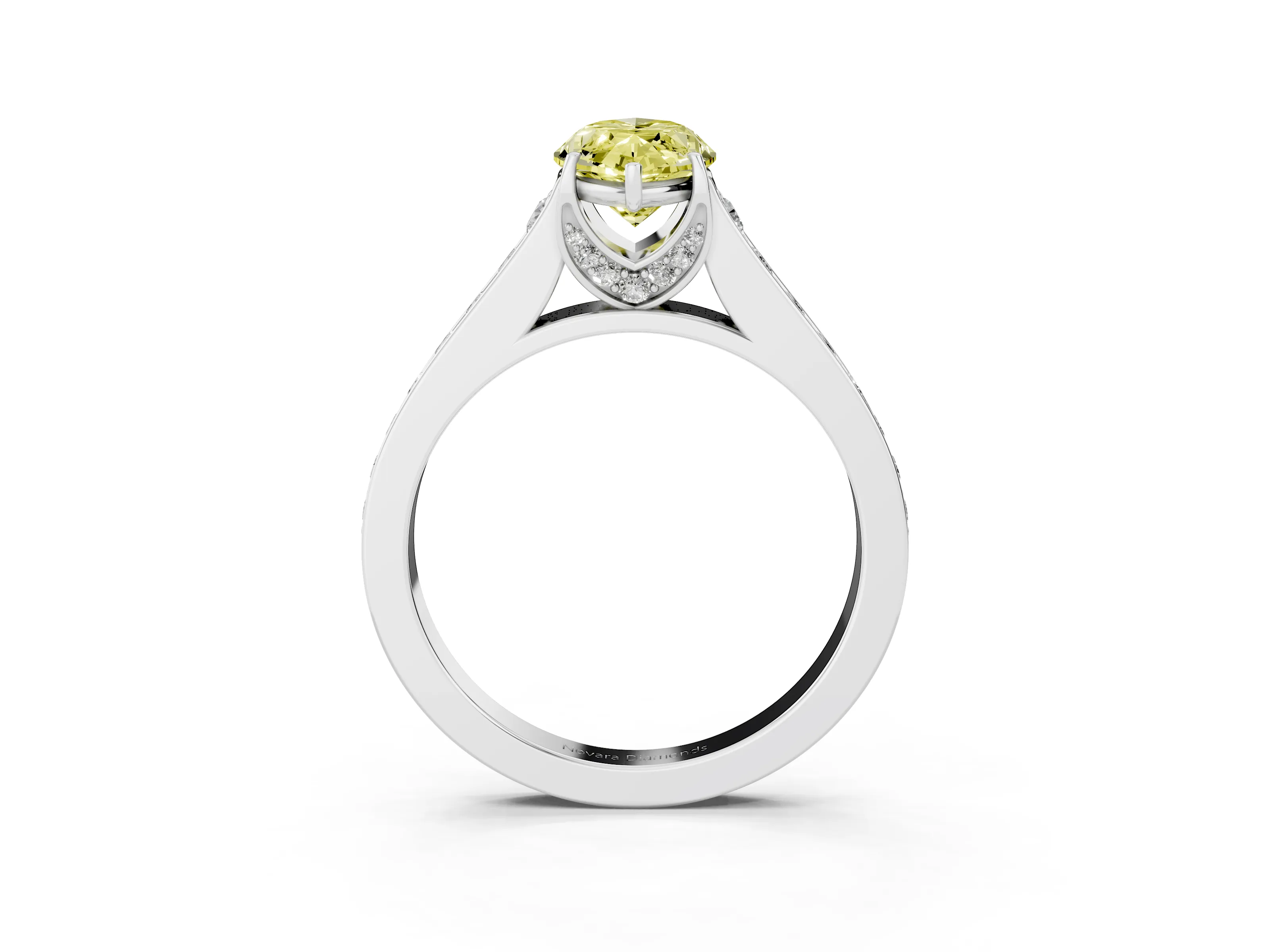 Fancy Yellow Marquise Cut Diamond Solitaire Pavé Engagement Ring Set in White gold with Prong Setting