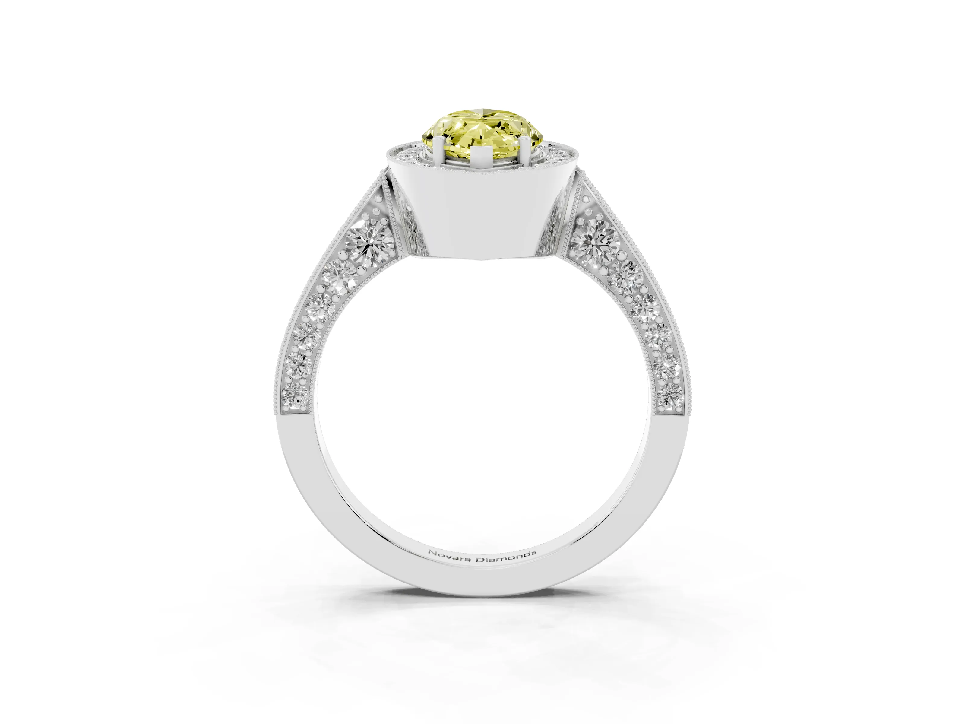 Fancy Yellow Marquise Cut Diamond Halo Engagement Ring Set in White gold with Accent Split Shank Band