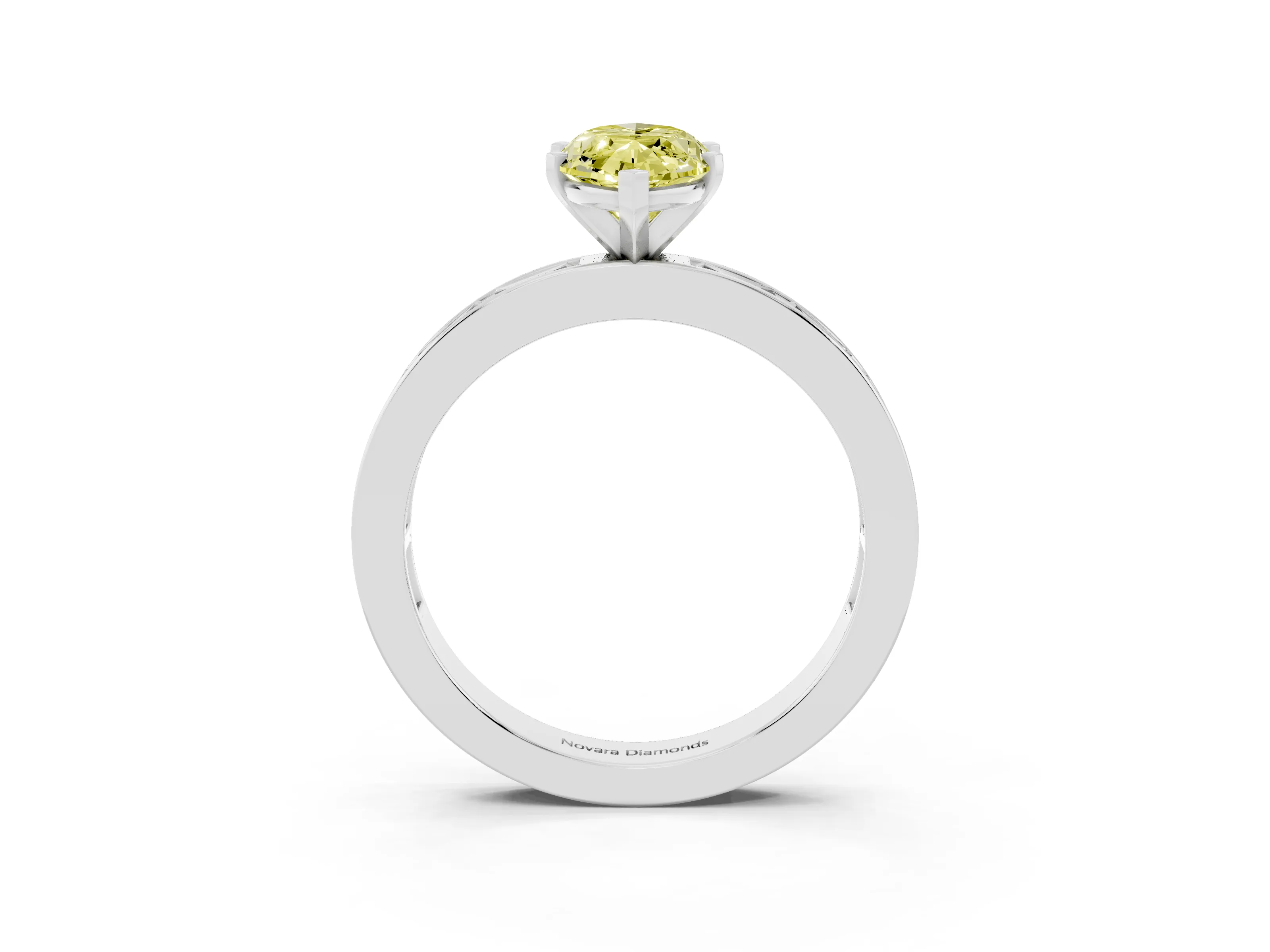 Fancy Yellow Marquise Cut Diamond Solitaire Ring Set in White gold with Channel-Set Baguette Band and Prong Setting