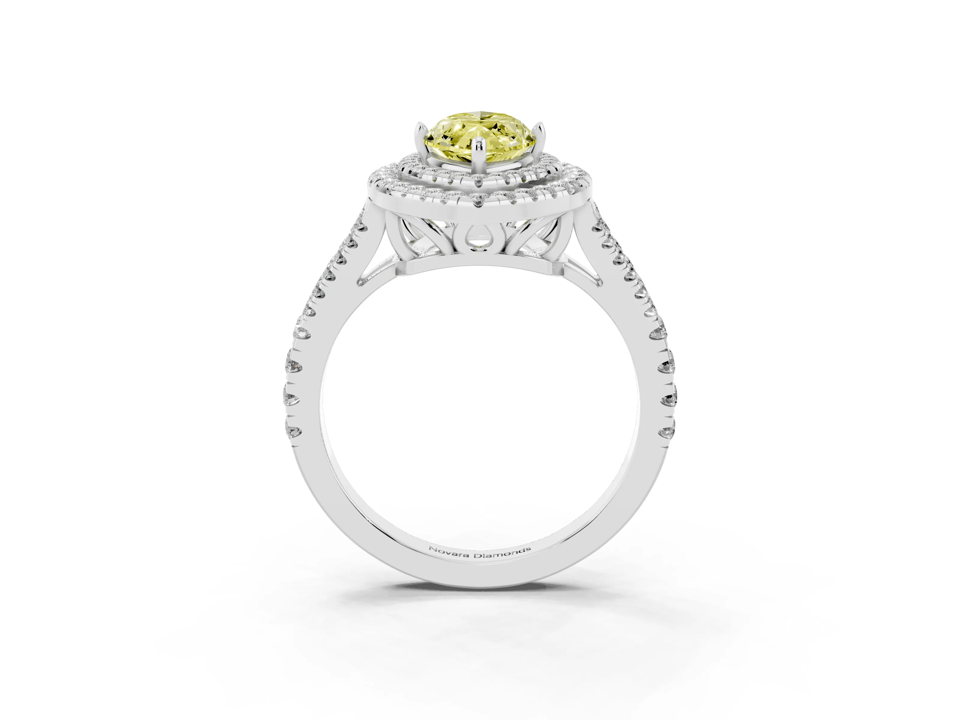 Fancy Yellow Marquise Cut Diamond Double Halo Ring Set in Platinum with Pavé Band