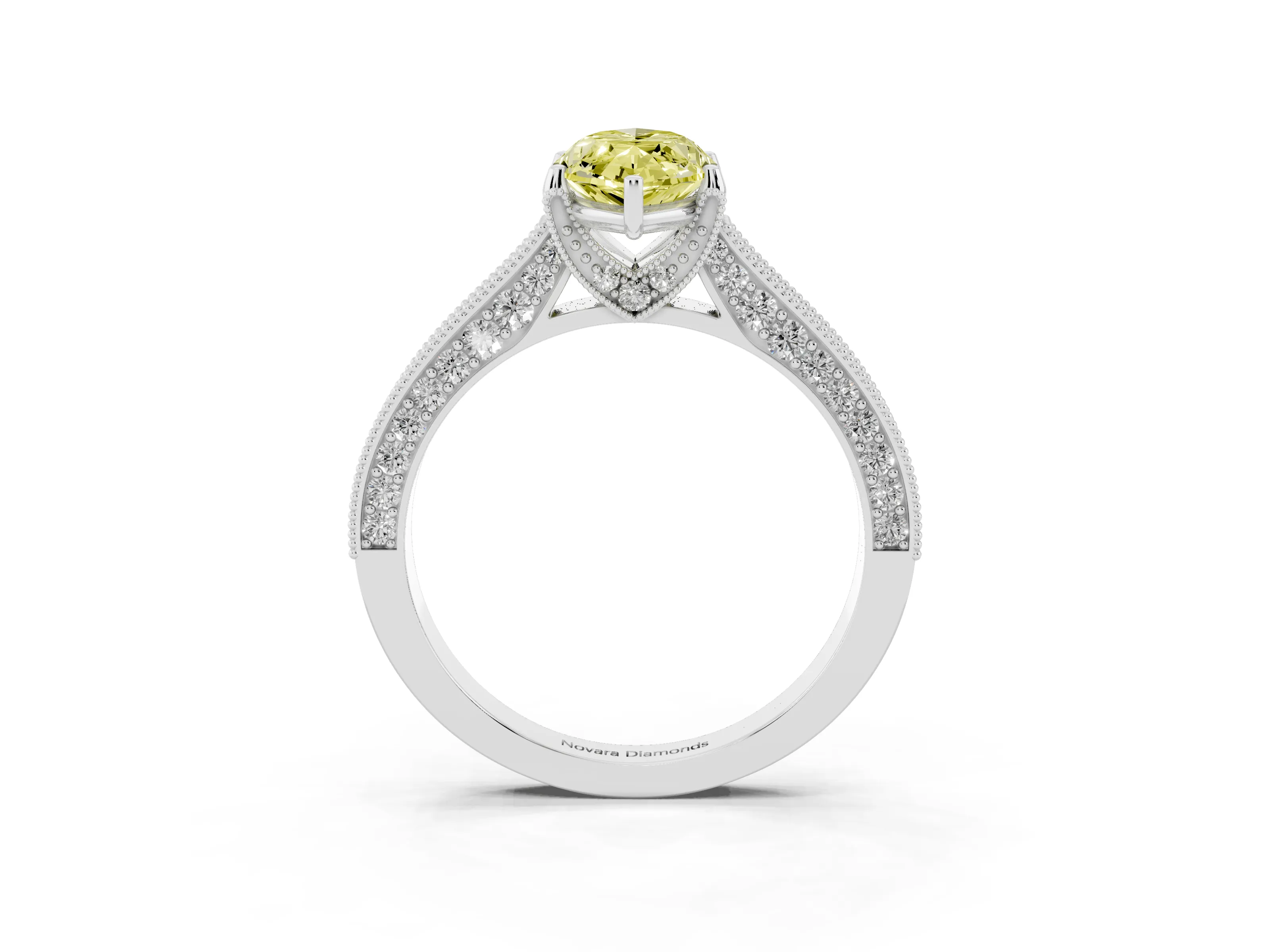 Fancy Yellow Marquise Cut Diamond Solitaire Ring Set in White gold with Milgrain-Edged Pavé Band and Prong Setting