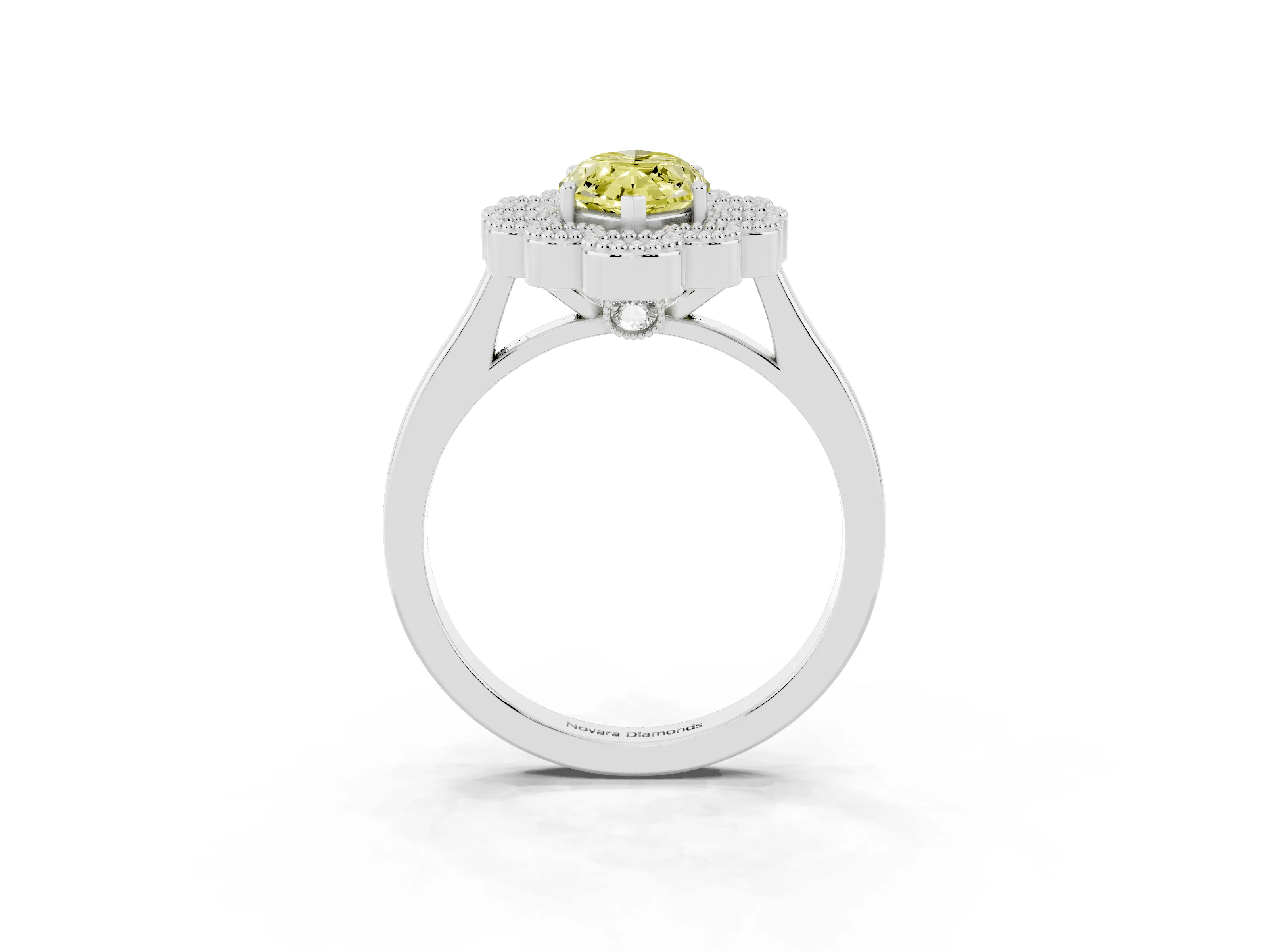 Fancy Yellow Marquise Cut Diamond Cluster Halo Ring Set in White gold with Milgrain Bezel Accents and Plain Band