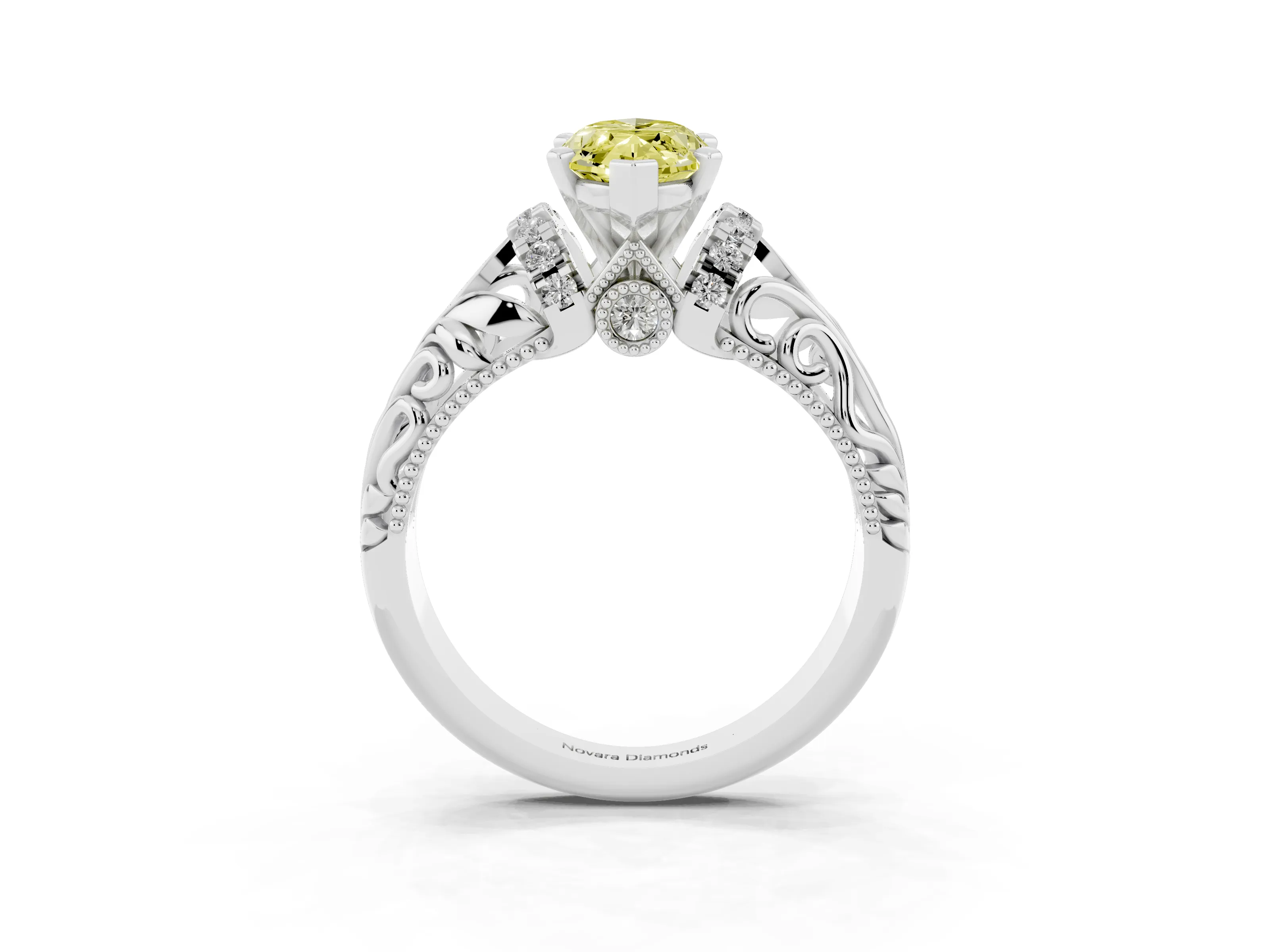 Fancy Yellow Marquise Cut Diamond Filigree Halo Engagement Ring Set in White gold with Prong Setting