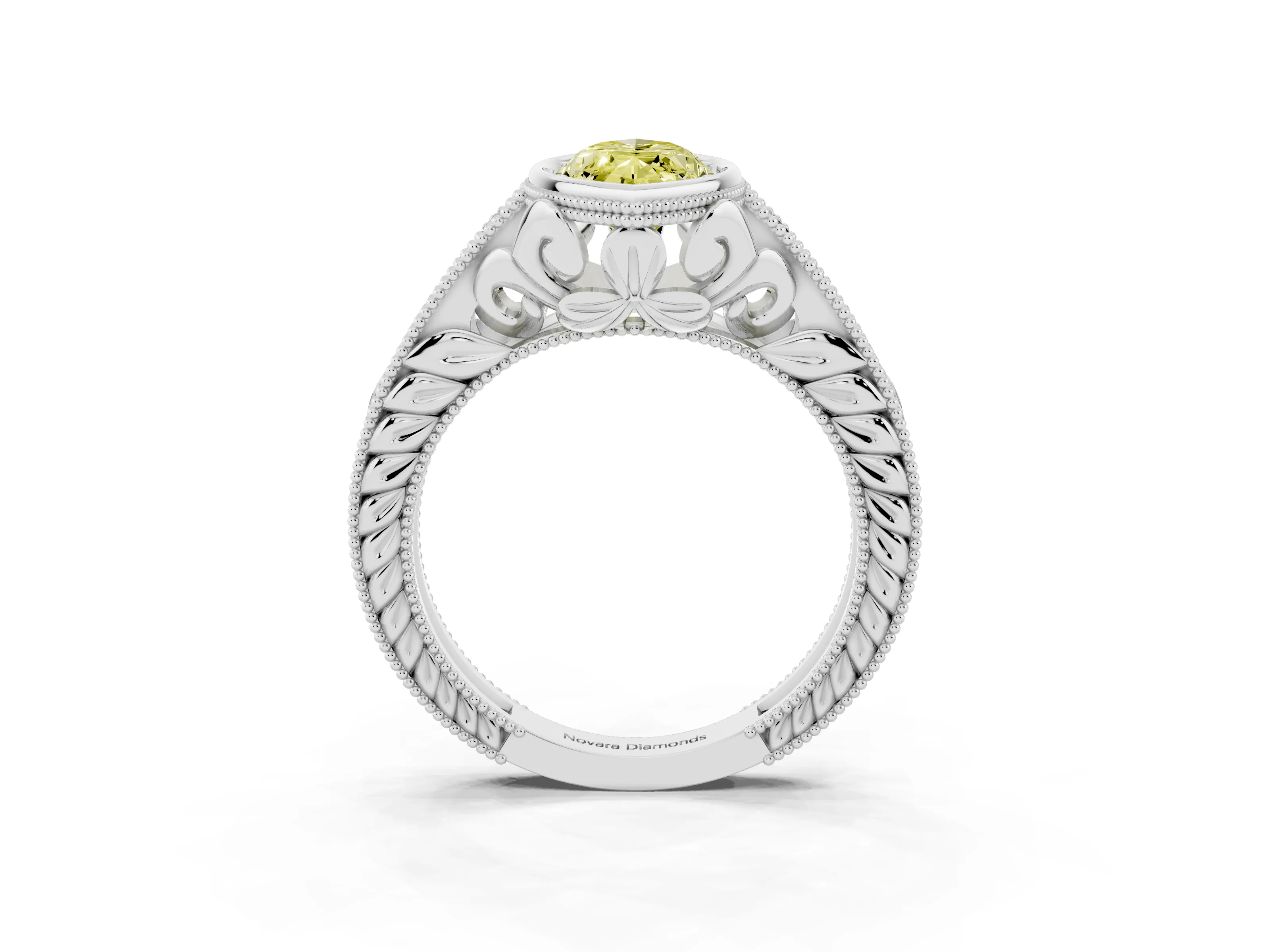 Fancy Yellow Bezel Set Marquise Cut Diamond Milgrain Pavé Engagement Ring Set in White gold