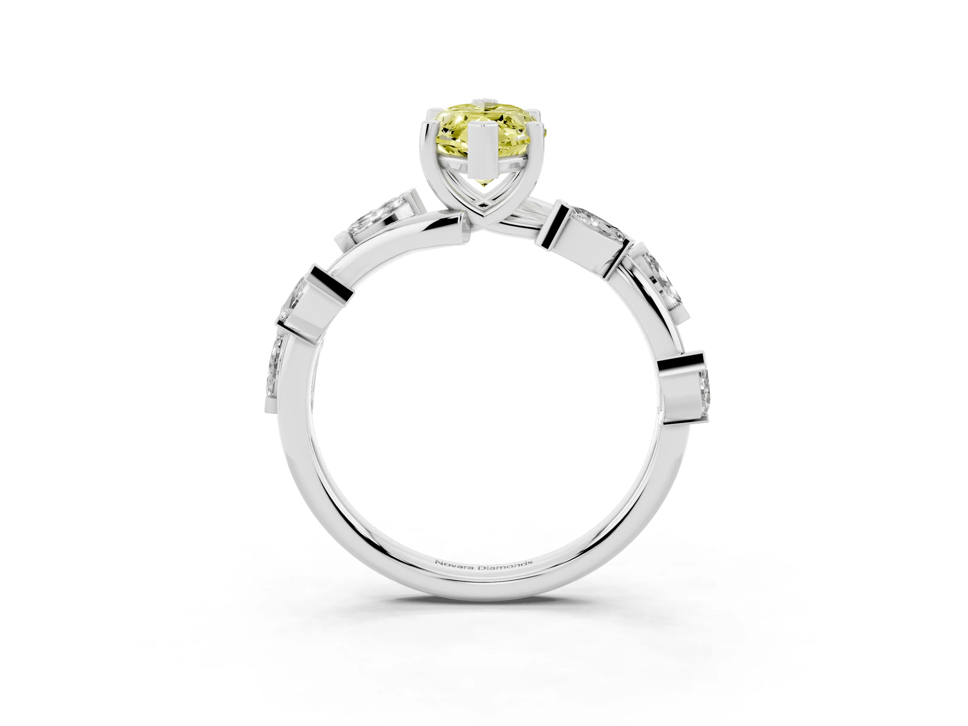 Fancy Yellow Marquise Cut Diamond Solitaire Ring Set in White gold with Twisted Marquise Accent Band