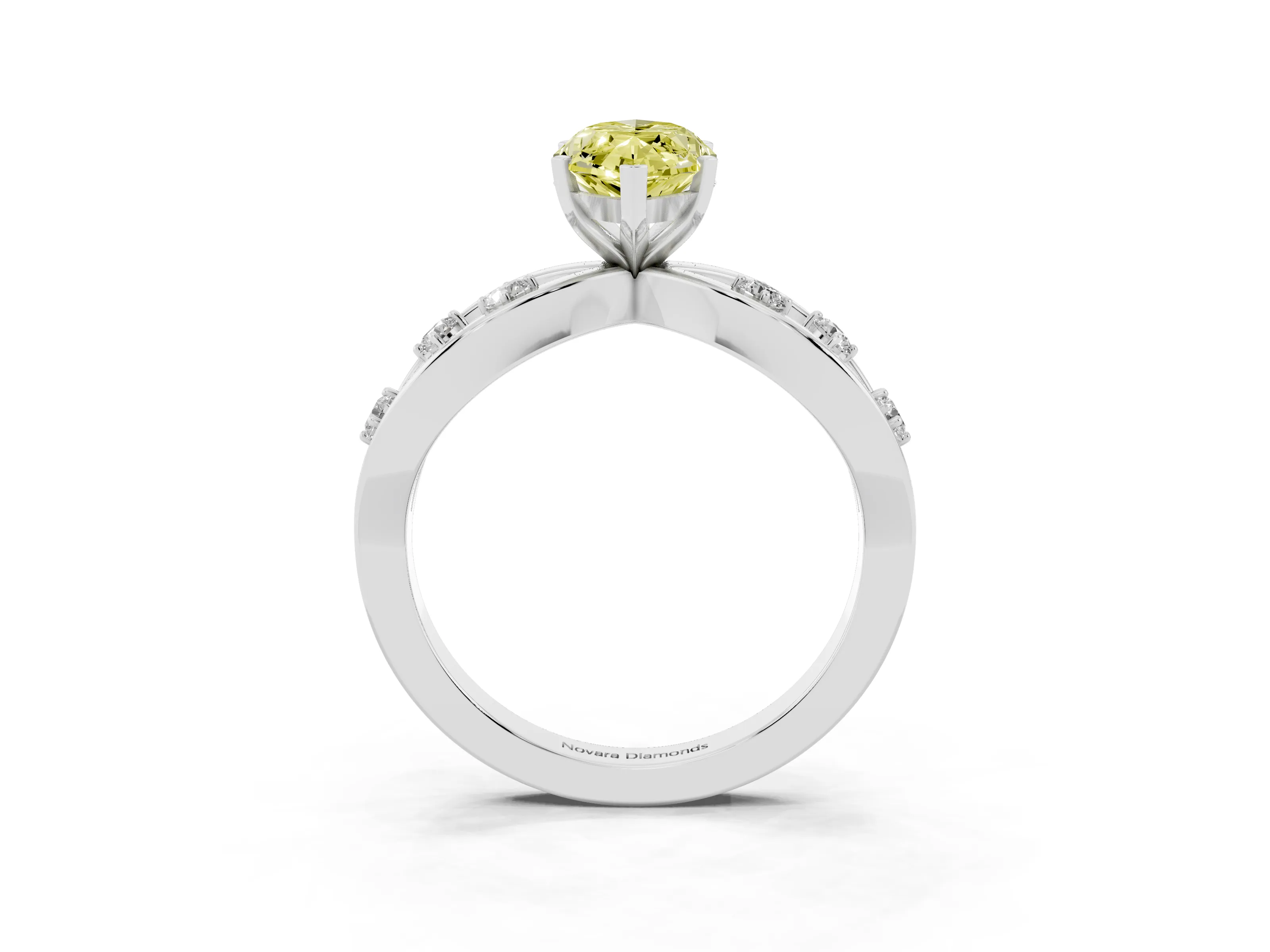 Fancy Yellow Marquise Cut Diamond Solitaire Ring Set in White gold with Side Stones on Criss-Cross Band and Prong Setting