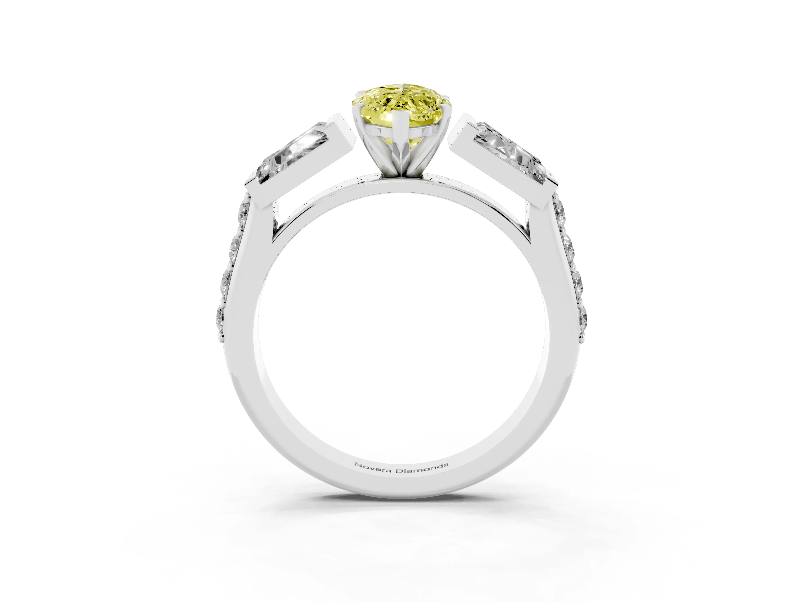Fancy Yellow Marquise Cut Diamond Engagement Ring Set in White gold with Baguette Side Stones and Channel Set Band