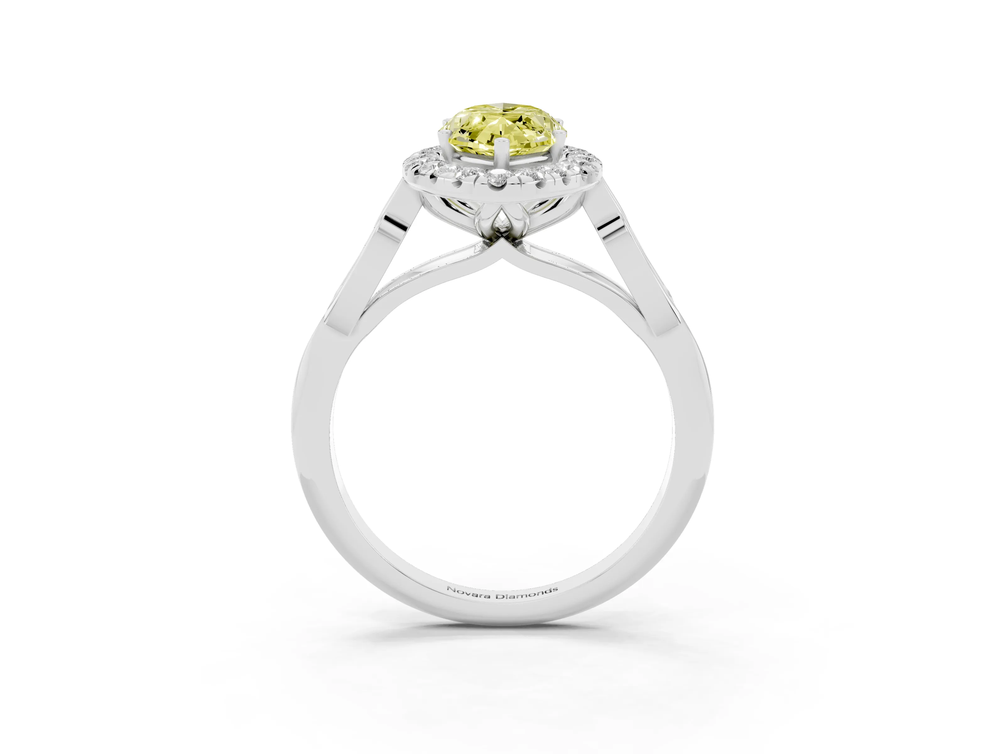 Fancy Yellow Marquise Cut Diamond Halo Engagement Ring Set in White gold with Filigree Band and Prong-Set Center