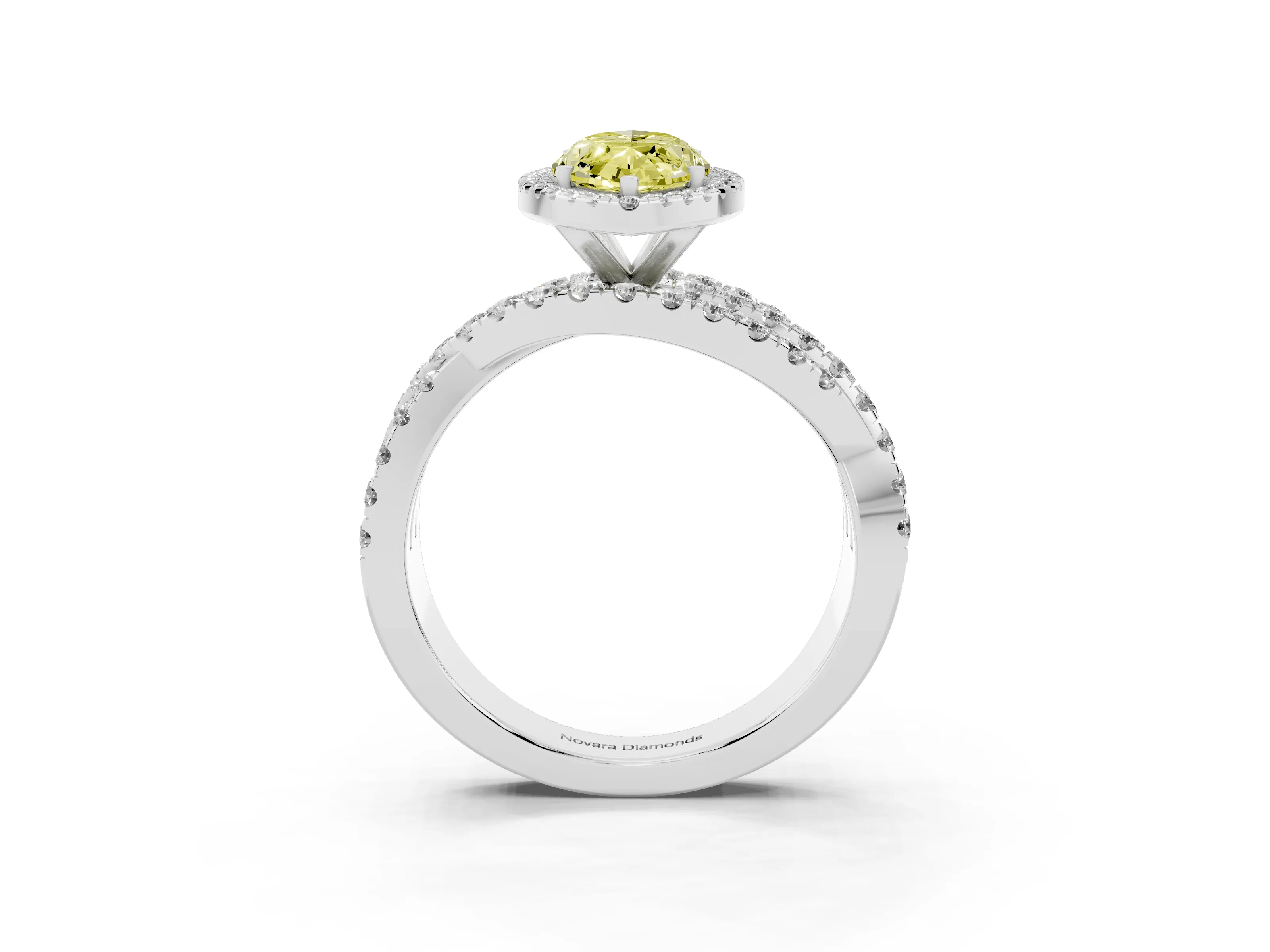 Fancy Yellow Marquise Cut Diamond Halo Ring Set in Platinum with Round Crossover Split Shank and Prong Setting