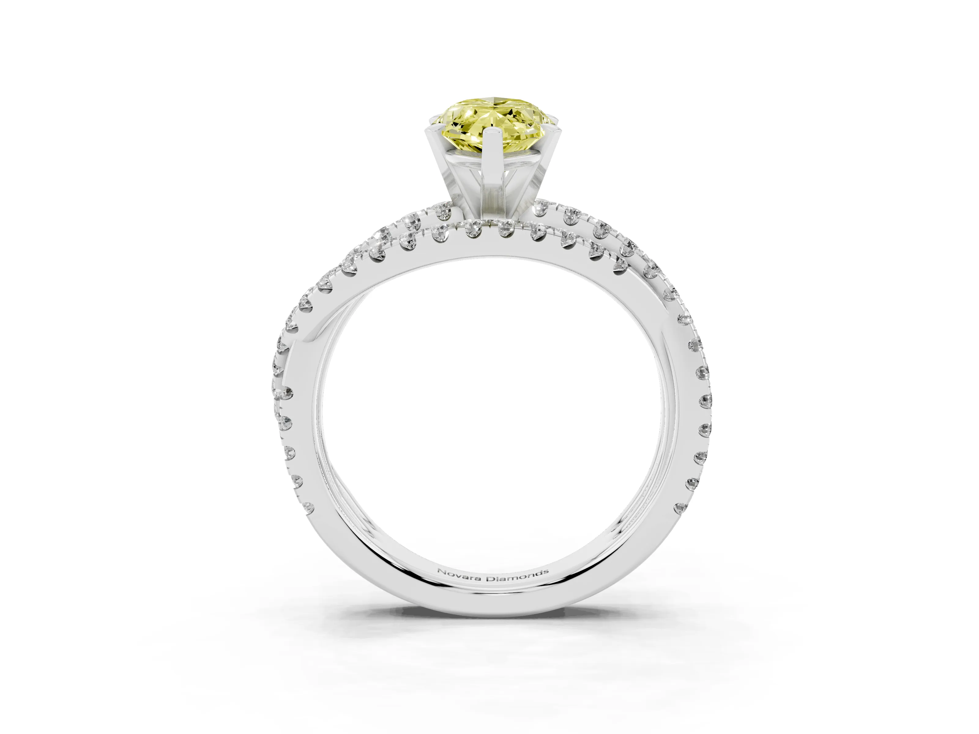 Fancy Yellow Marquise Cut Diamond Solitaire Twist Band Ring Set in White gold with Pavé Setting and Prong Head