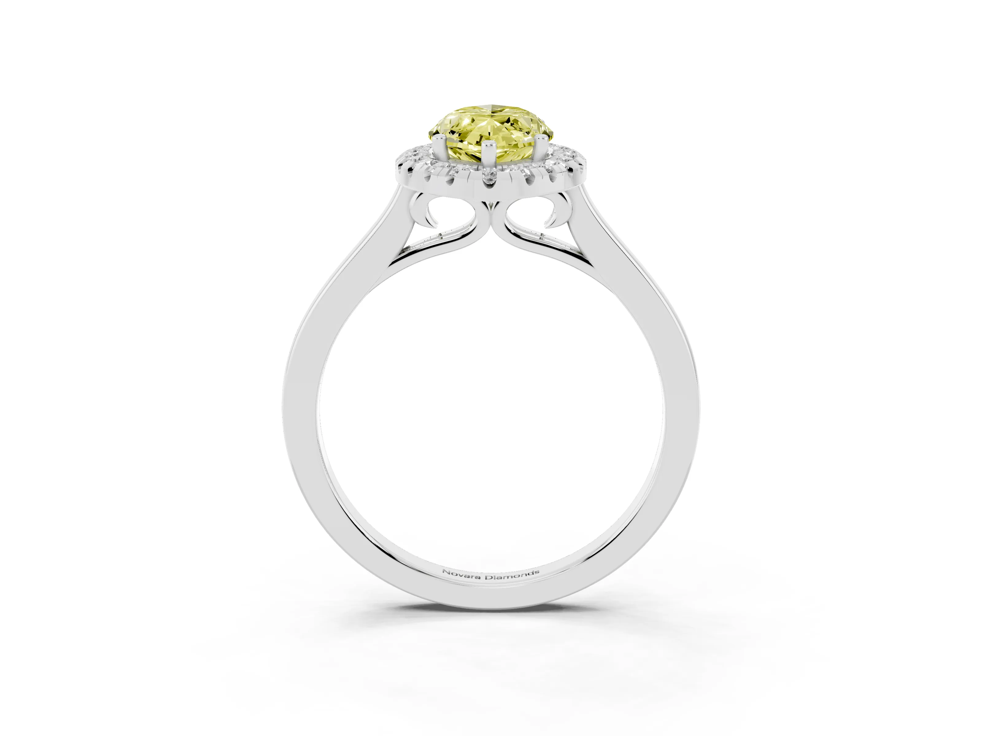 Fancy Yellow Marquise Cut Halo Round Diamond Solitaire Ring Set in Platinum with Pavé Band and Prong Setting