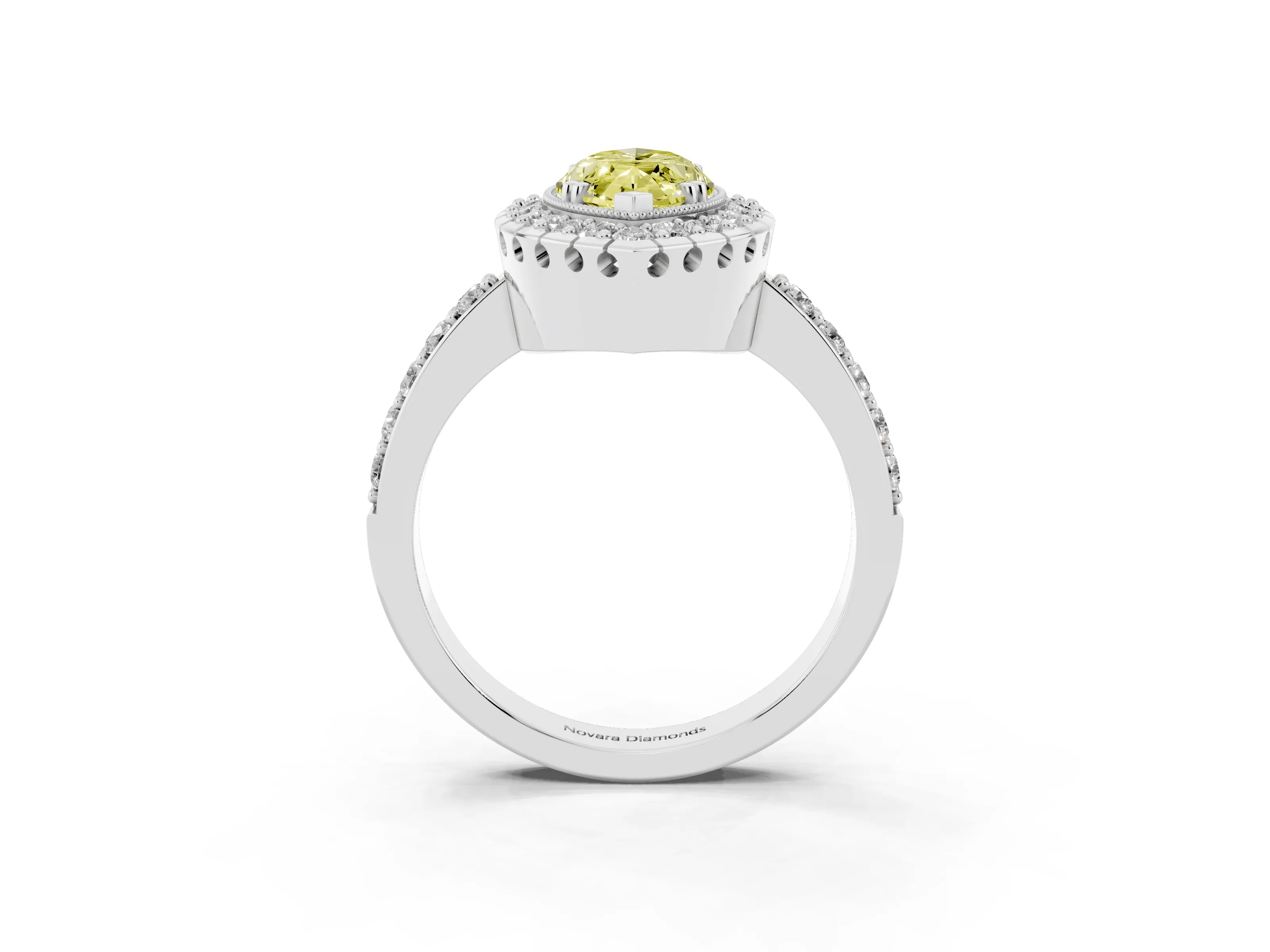 Fancy Yellow Marquise Cut Diamond Halo Ring Set in White gold with Pavé Shank and Prong Setting
