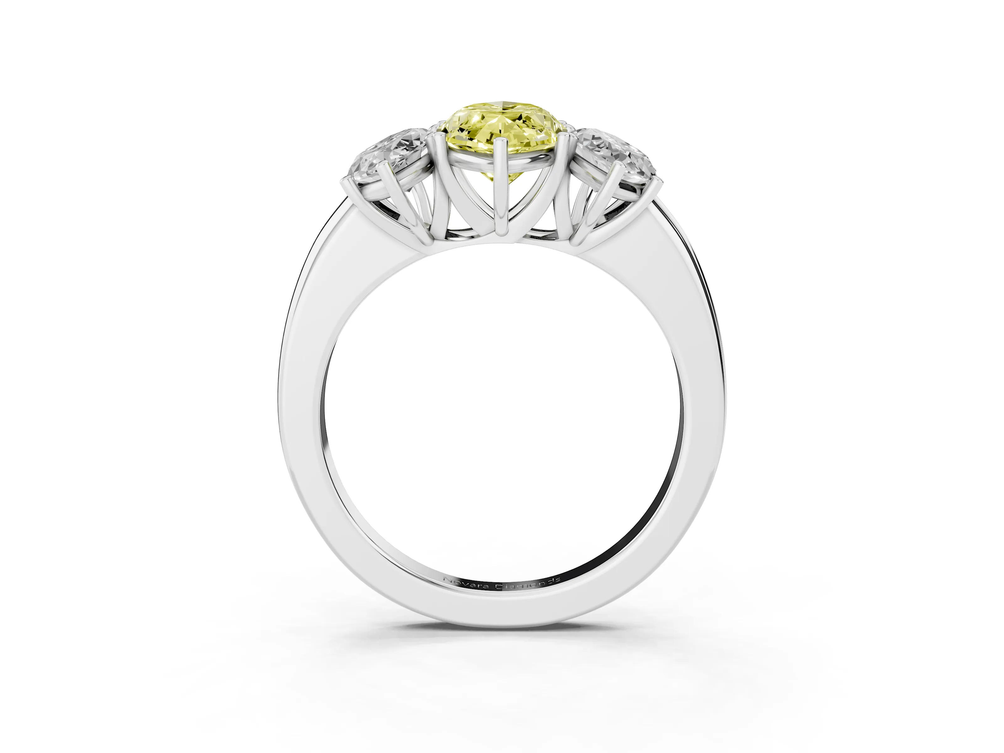 Fancy Yellow Marquise Cut Diamond Three-Stone Ring Set in White gold with Bold Center and Classic Band