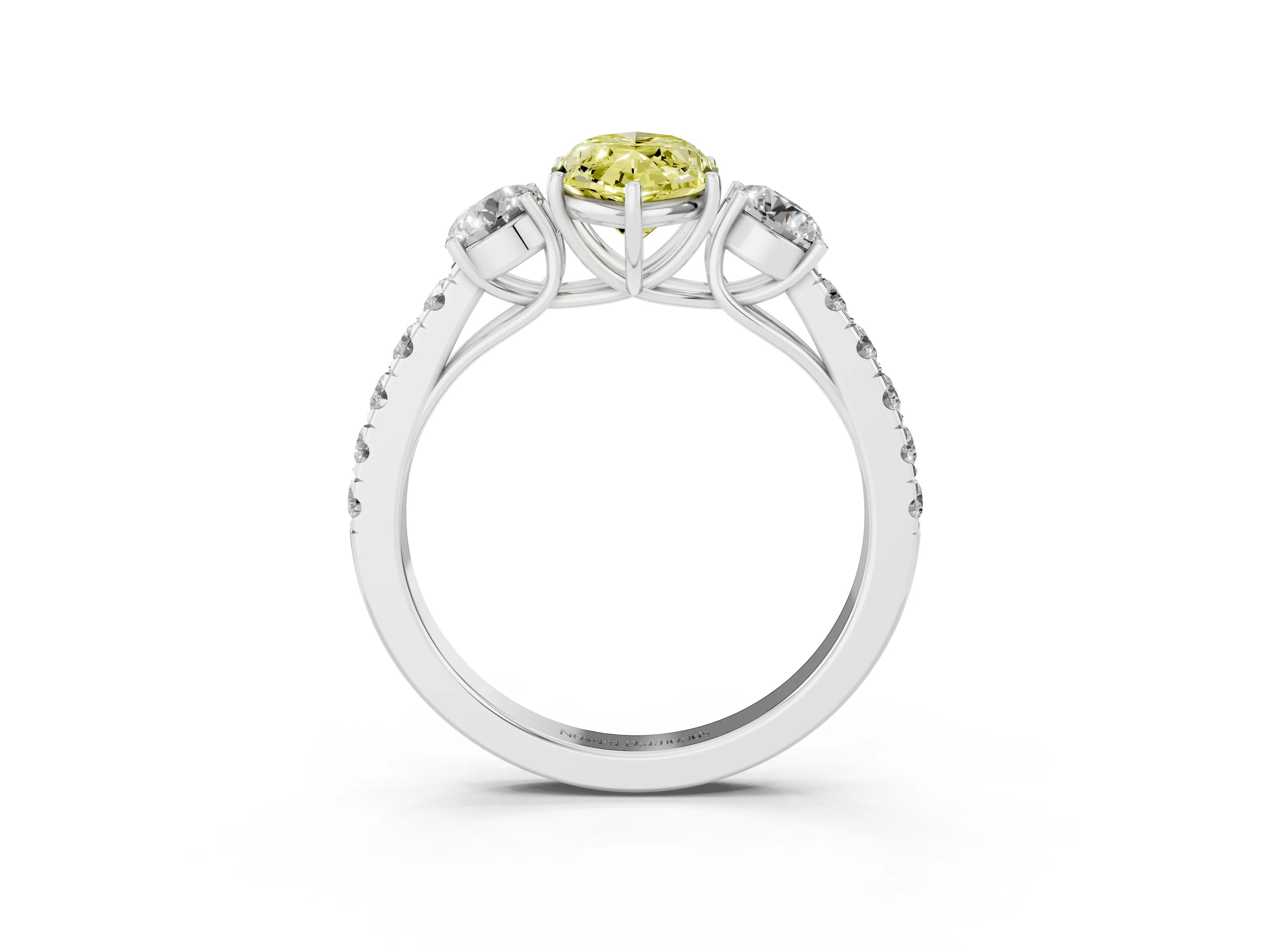 Fancy Yellow Marquise Cut Diamond Three-Stone Ring Set in Silver with Round Side Stones and Delicate Pavé Band