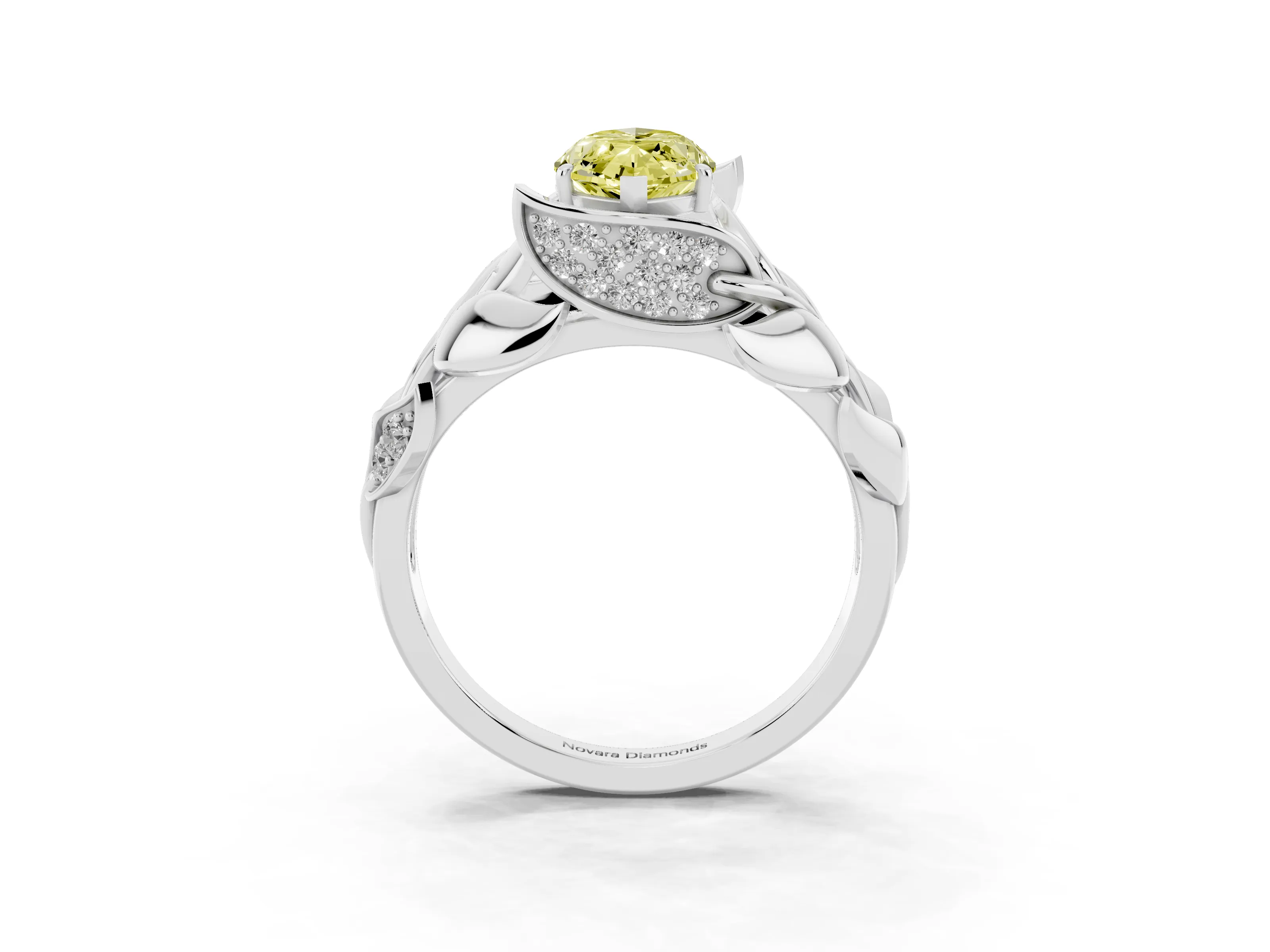 Fancy Yellow Marquise Cut Diamond Leaf-Inspired Engagement Ring Set in Platinum with Round Accents