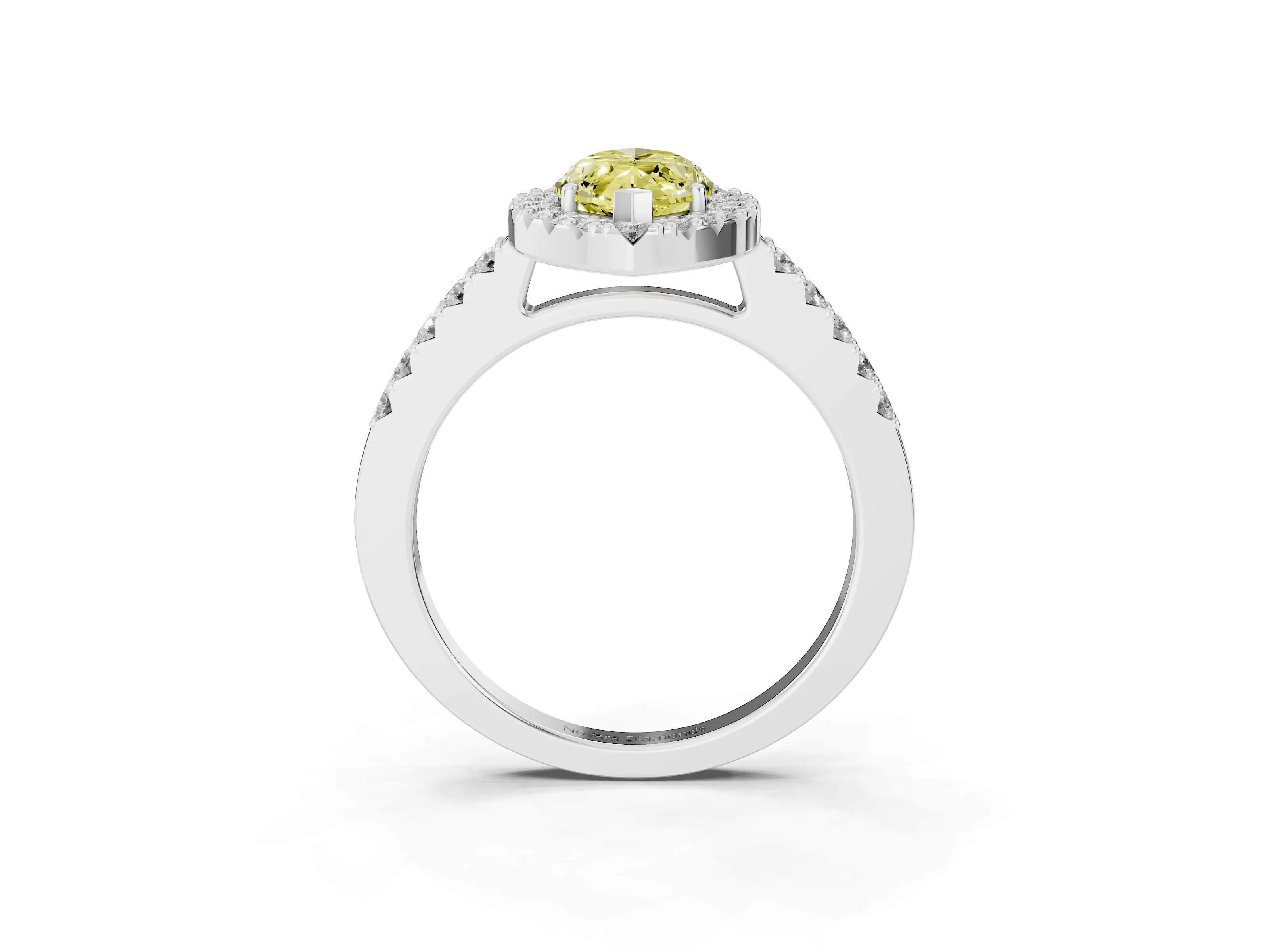 Fancy Yellow Marquise Cut Diamond Halo Pavé Solitaire Ring Set in White gold with Prong-Set Center Stone