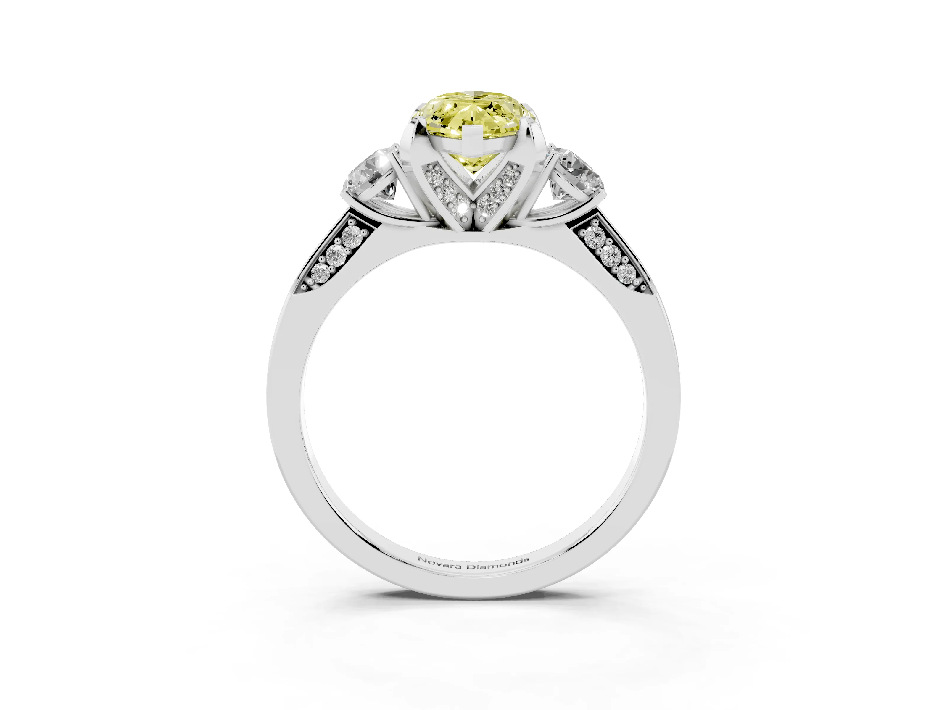 Fancy Yellow Marquise Cut Diamond Three-Stone Ring Set in Platinum with Pavé Band and Smaller Side Stones